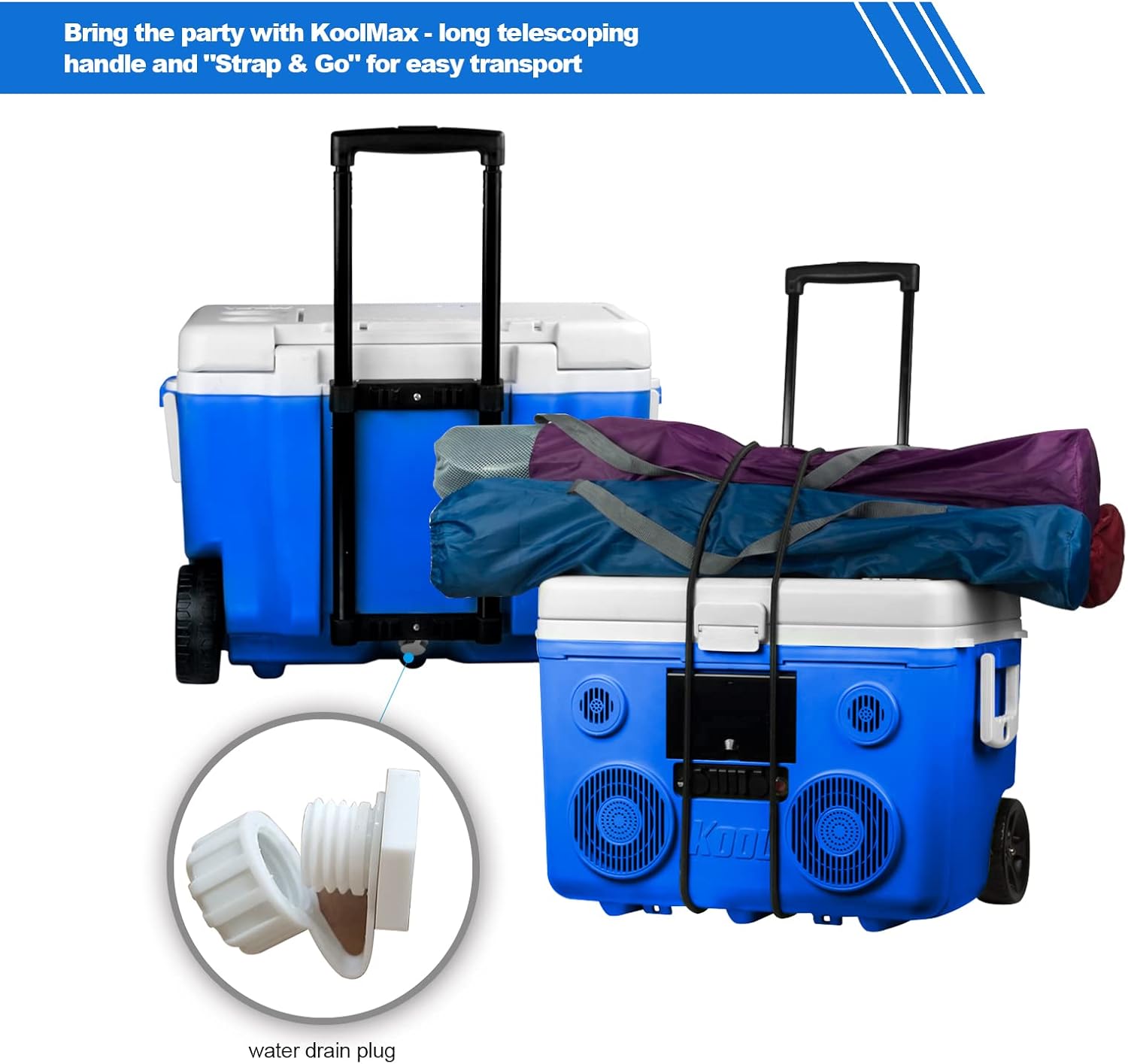 KoolMAX Cooler with Bluetooth Speaker System, 350W Boombox, 40 Qt Cooler, Rechargeable, USB 12V Car Cigarette Lighter Power Station, Guitar Amplifier, Radio, PA Machine, Karaoke, Blue