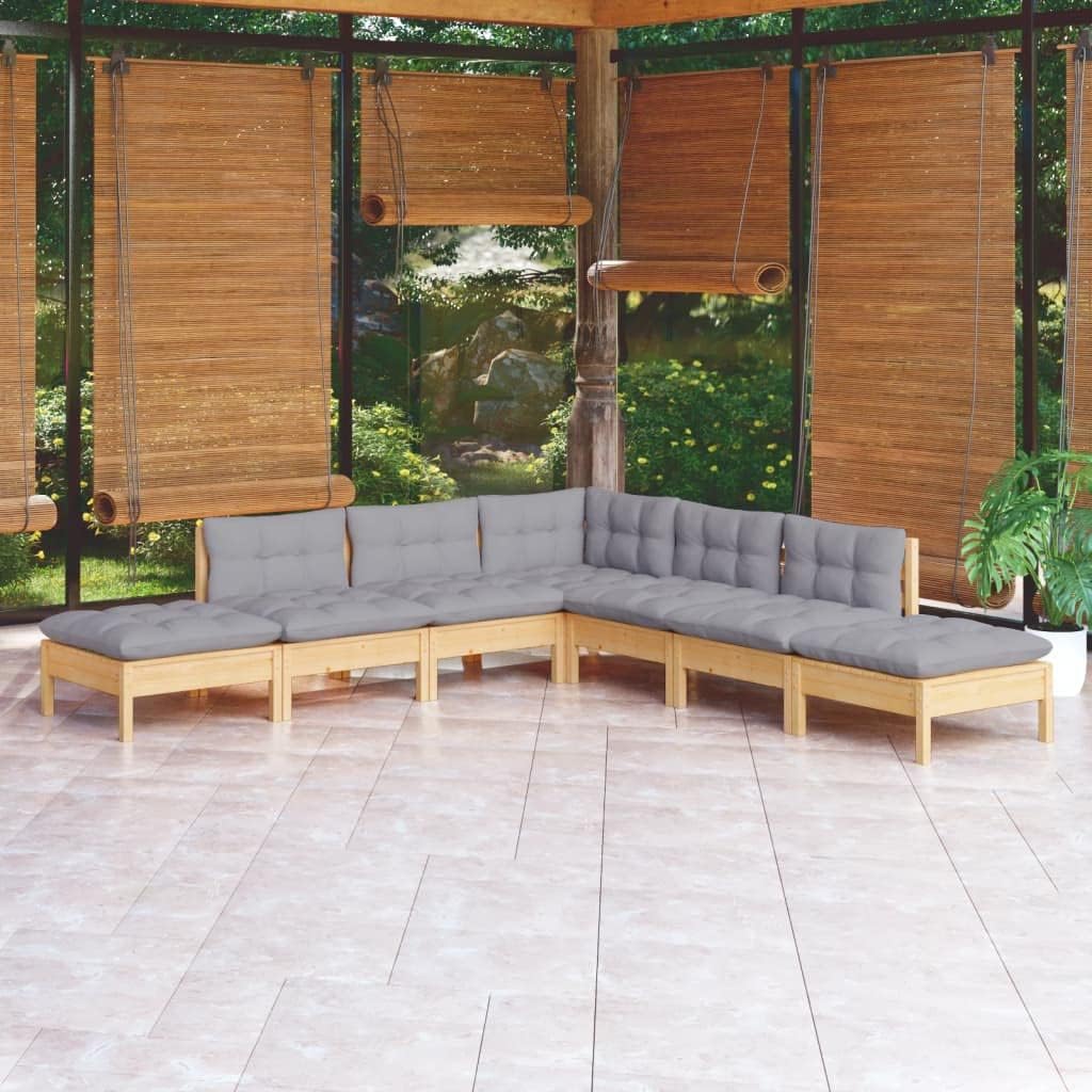 7 Piece Patio Lounge Set with Gray Cushions Pinewood,Cozy Wooden Patio Lounge Set: Versatile, Durable, and WeatherResistant Patio Furniture Sets, Outdoor Furniture Sets