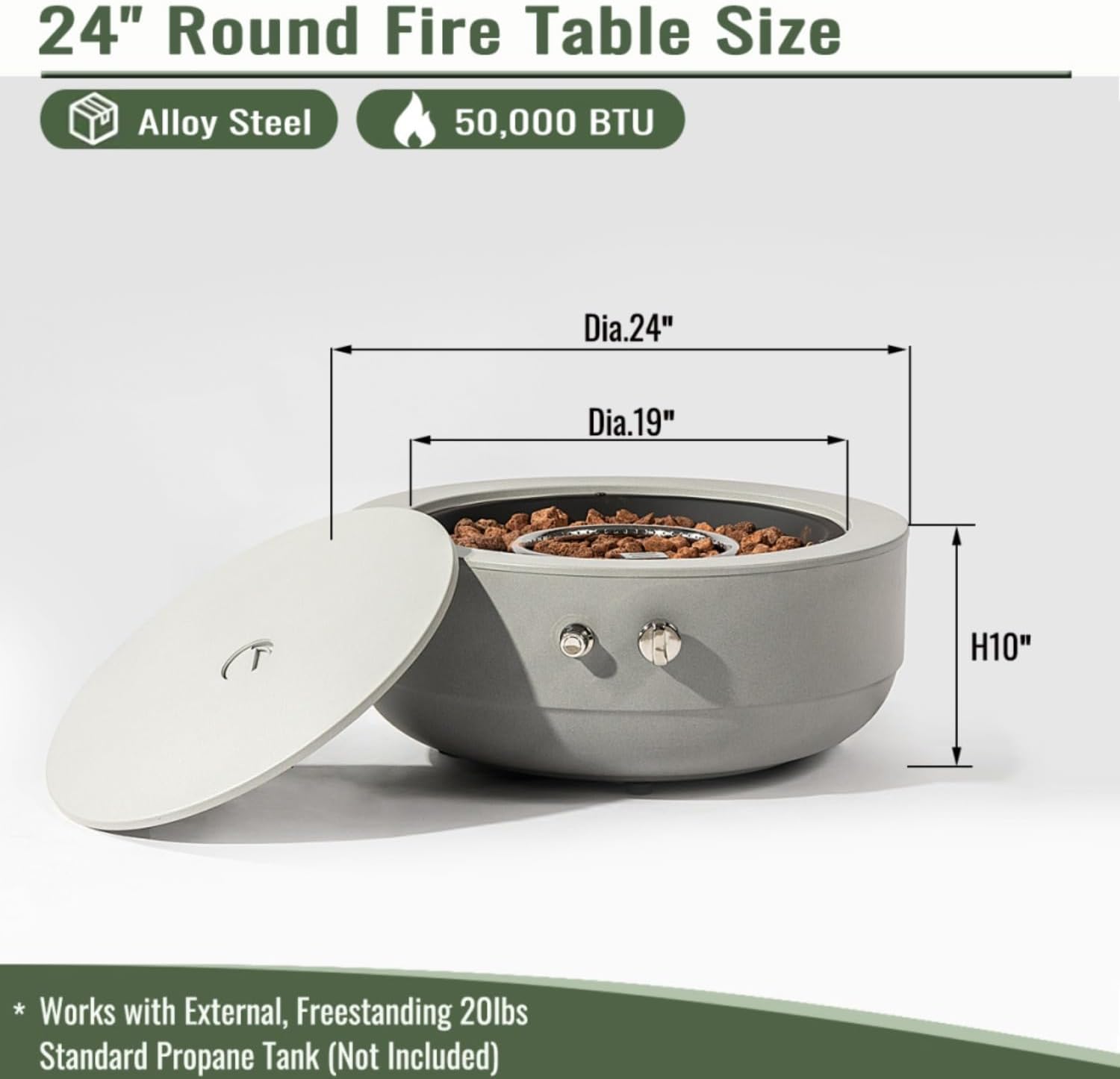 Modern Propane Fire Pit, 50,000 BTU Grey Steel Outdoor Firepit Bowl with Lid & Lava Rocks, Portable Gas Smoke-Free Firepit for Patio, Backyard, Balcony