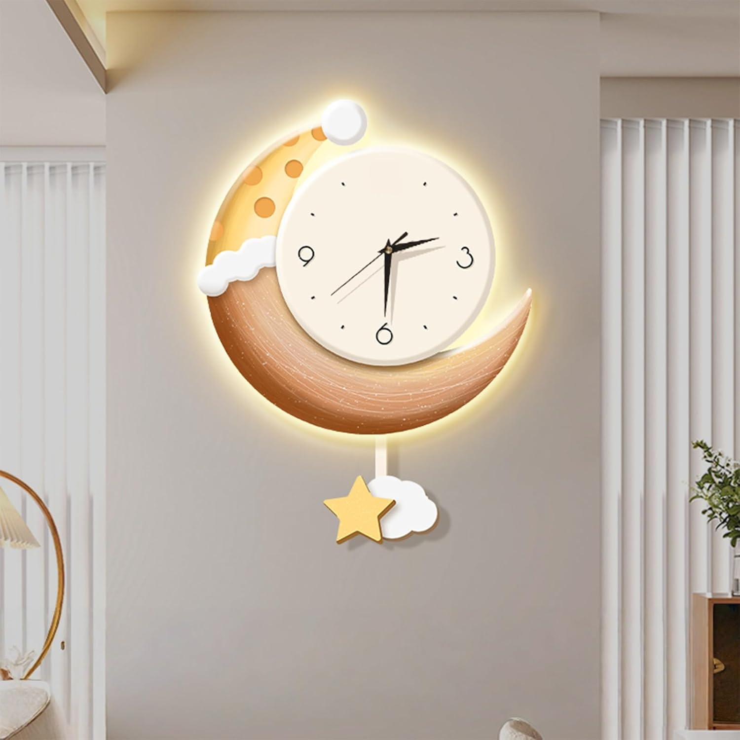 Silent and Non Ticking Wall Clocks,Moon-Shaped Design Wall Clock for Living Room,with Swing Pendulum,with Light and Acrylic 3D Dial,Easy to Read,for Corridor Bedroom Office(Orange,60cm/23.6in)