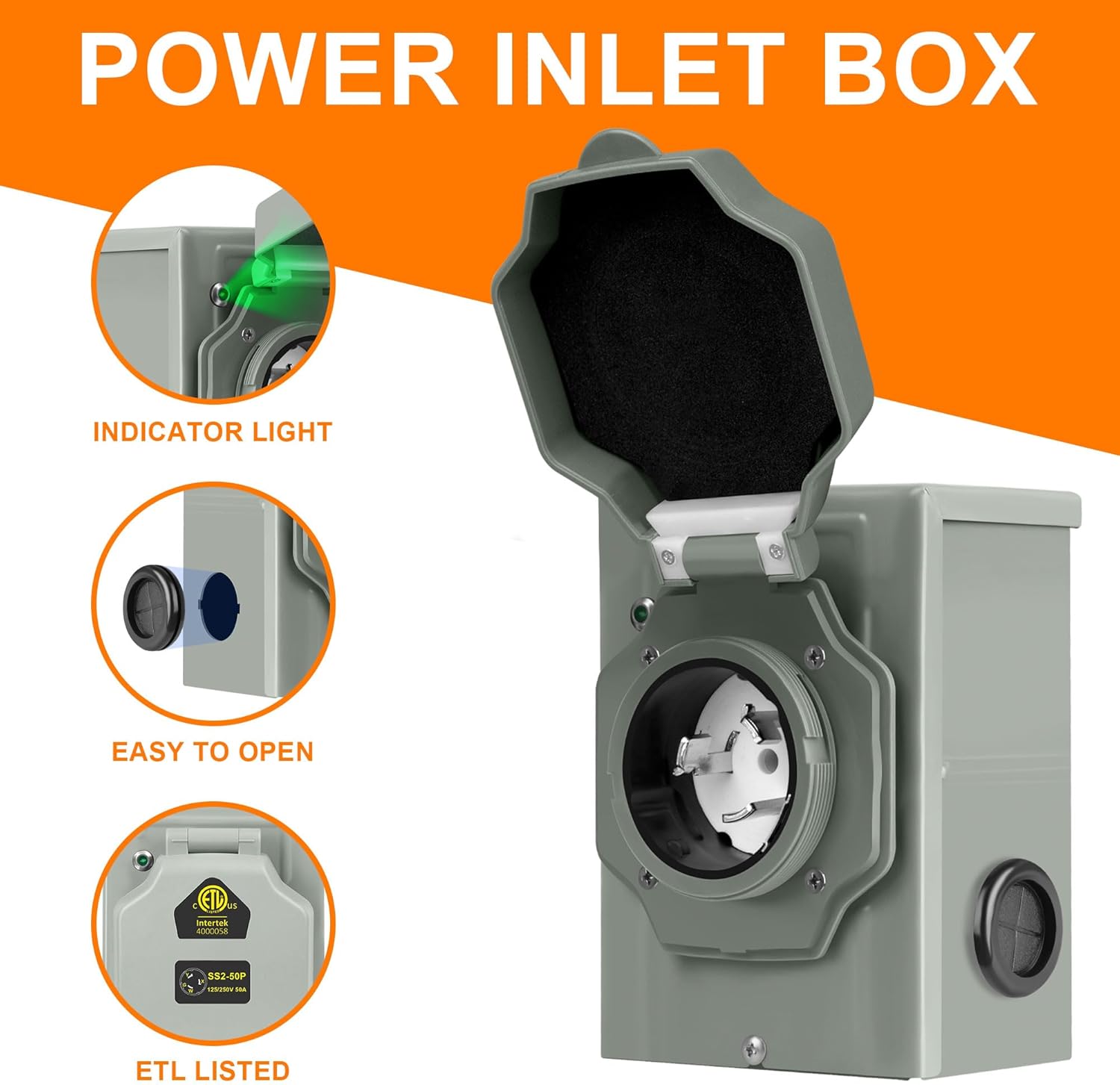 15FT 50 Amp Generator Cord and Power Inlet Box Kit,NEMA 14-50P to SS2-50R Generator Cord,Pre-Drilled 50 Amp Generator Inlet Box with 6/3+8/1 AWG STW Wire,125/250V, 12500W,UL&ETL Listed