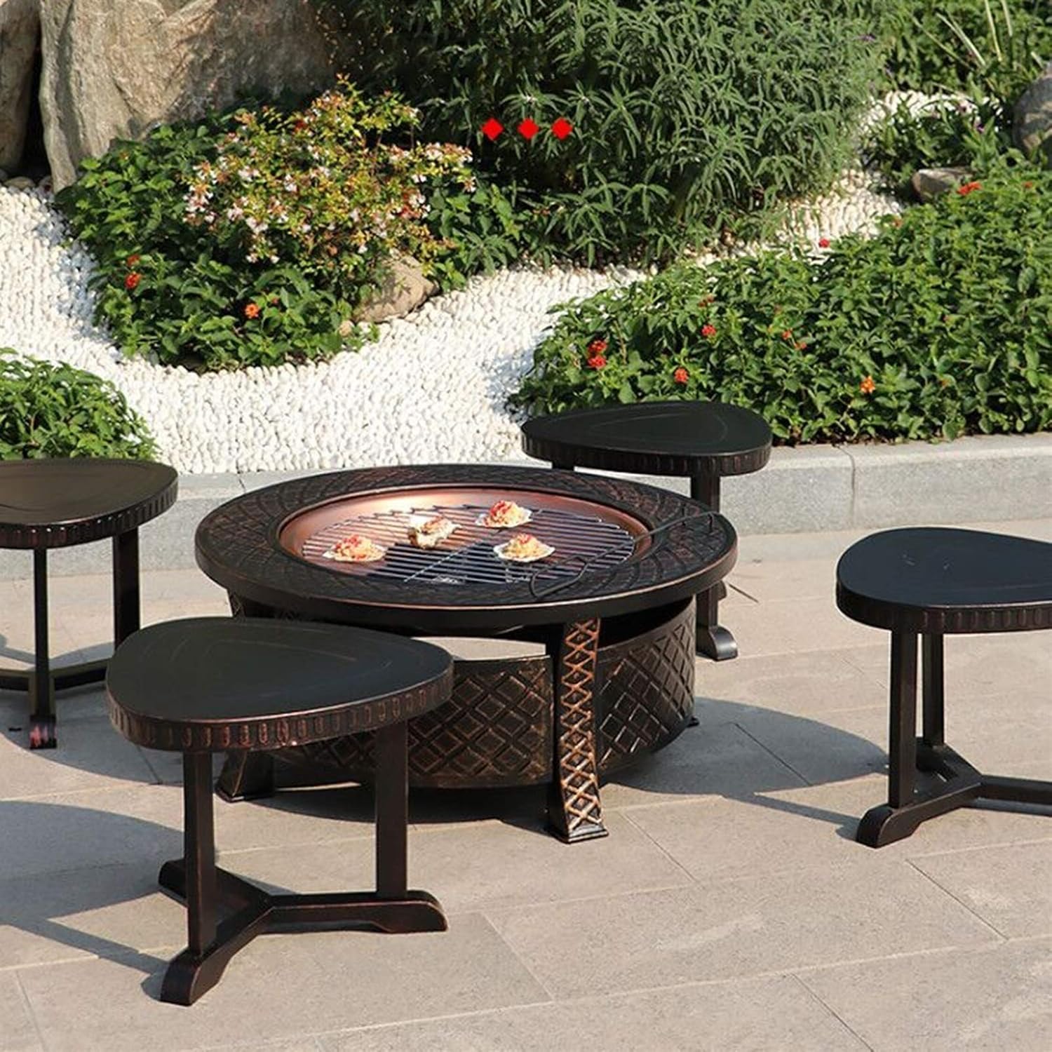 Outdoor Fire Pit 32-inch Campfire Pit Stool Set, Wood Burning Fire Bowl, Grill with Mesh Spark Sieve Cover Grate Poker