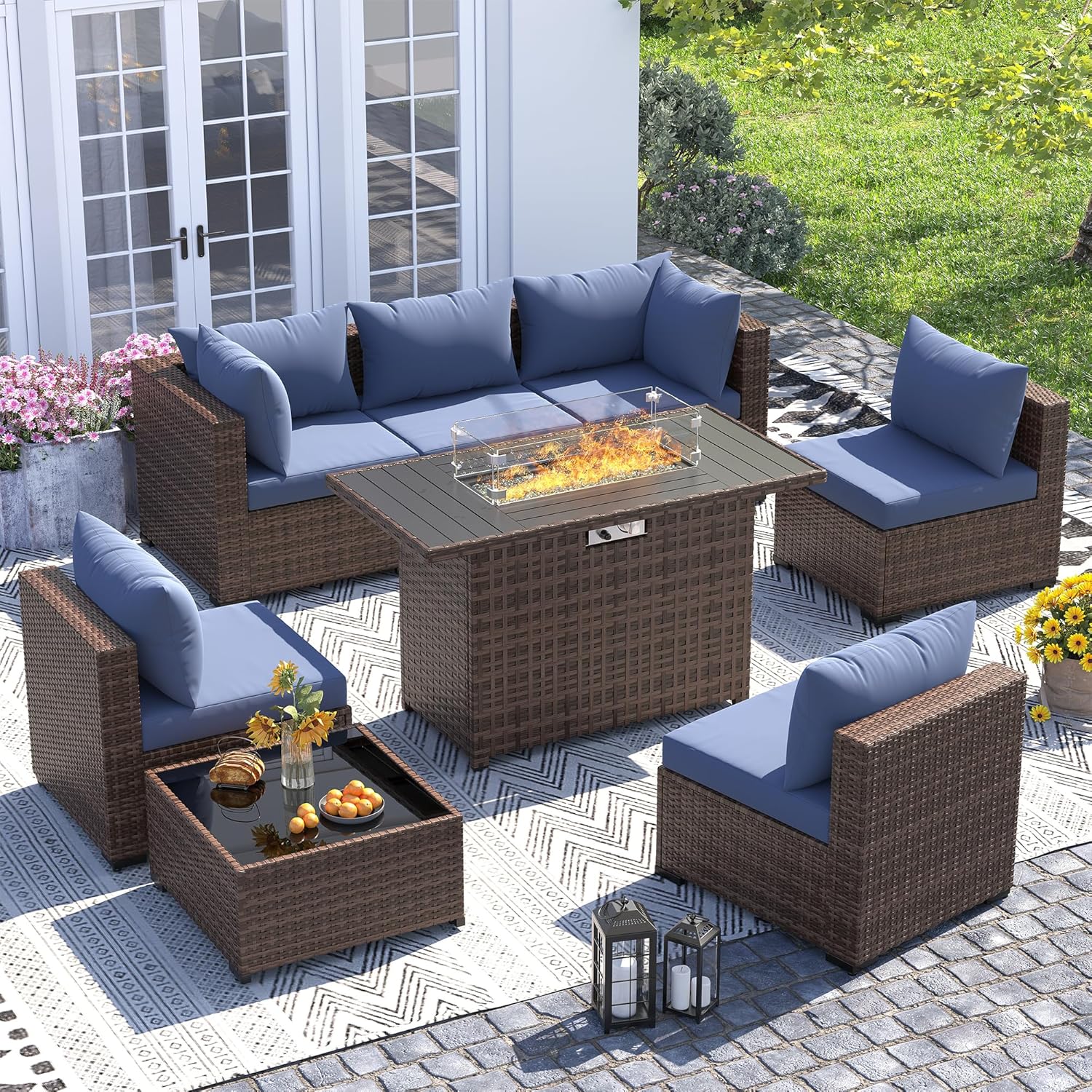 UDPATIO Outdoor Patio Furniture Set with Fire Pit Table, 8 Piece Outdoor Sectional Sofas, All-Weather Wicker Patio Conversation Set for Garden, Backyard Navy Blue
