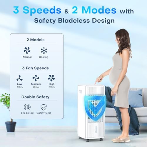 3-IN-1 Windowless Air Conditioner w/Double Tanks, Smart Timer, 3 Ice Packs, 60W Evaporative Air Cooler, 70° Oscillation, 3-Speed 25-INCH Swamp Cooler Air Conditioner Portable for Room