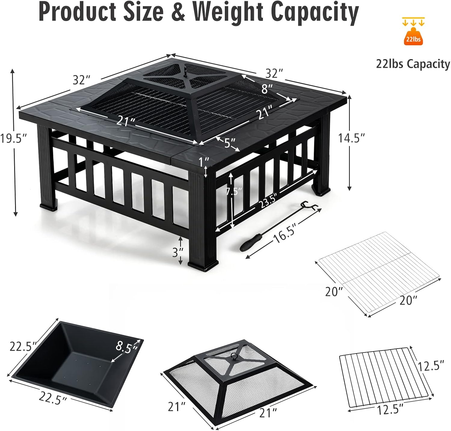 32 inch Outdoor Fire Pit, 3 in 1 Bonfire Wood Burning Fire Pit Table with Spark Screen, BBQ Grill, Poker, Rain Cover, Log Grate, Metal Bonfire Stove Firepit for Outside Backyard Patio