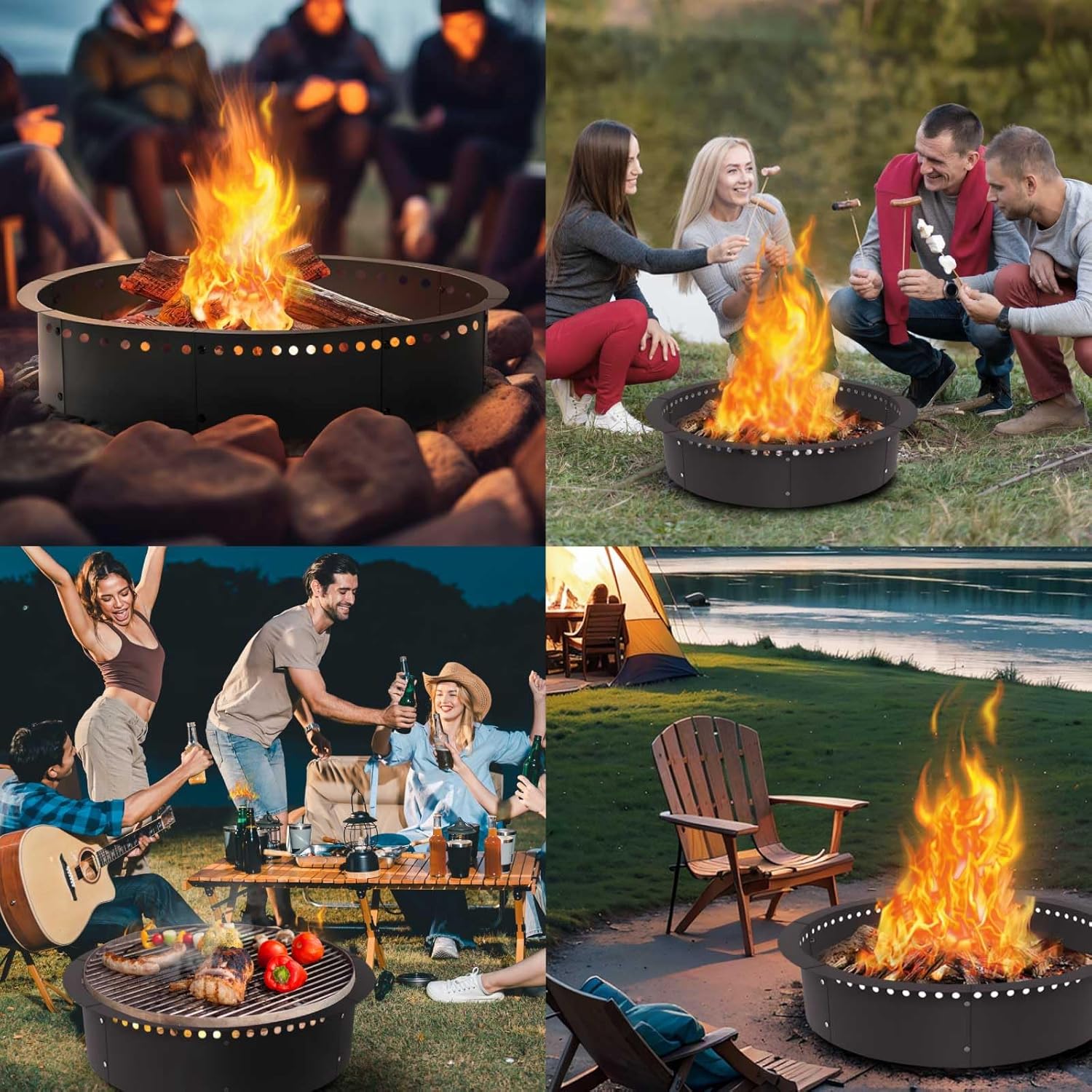 2 Pack Outdoor Smokeless Fire Pit Ring Liner 40-Inch Outer/36-Inch Inner Diameter, Heavy Duty Metal Steel Round Firepit Rim Insert for Outside DIY Campfire Ring Above or In-Ground