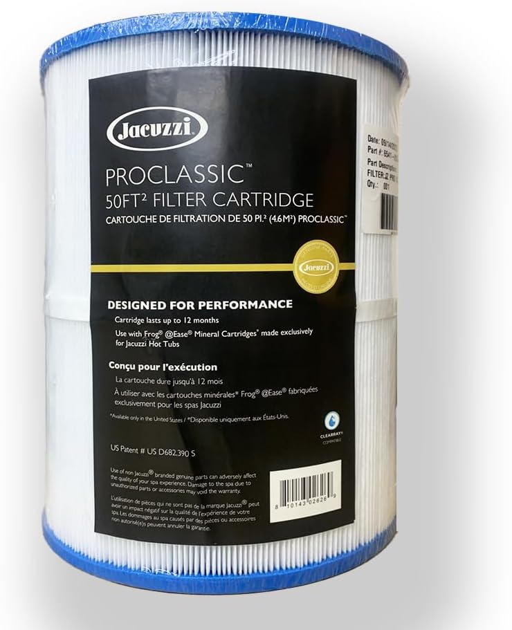 Jacuzzi ProClassic 50 Sq Ft Rinseable Pleated Cartridge, Replacement Spa Filter 6541-853J, Fits 2023+ J-200 Hot Tubs, Durable Reemay Media for Crystal-Clear Clean Spa Water, Easy Install & Maintenance