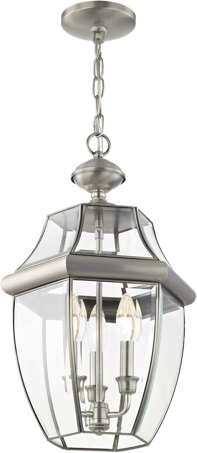 Livex Lighting 2355-91 Monterey 3 Light Outdoor Brushed Nickel Finish Solid Brass Hanging Lantern with Clear Beveled Glass