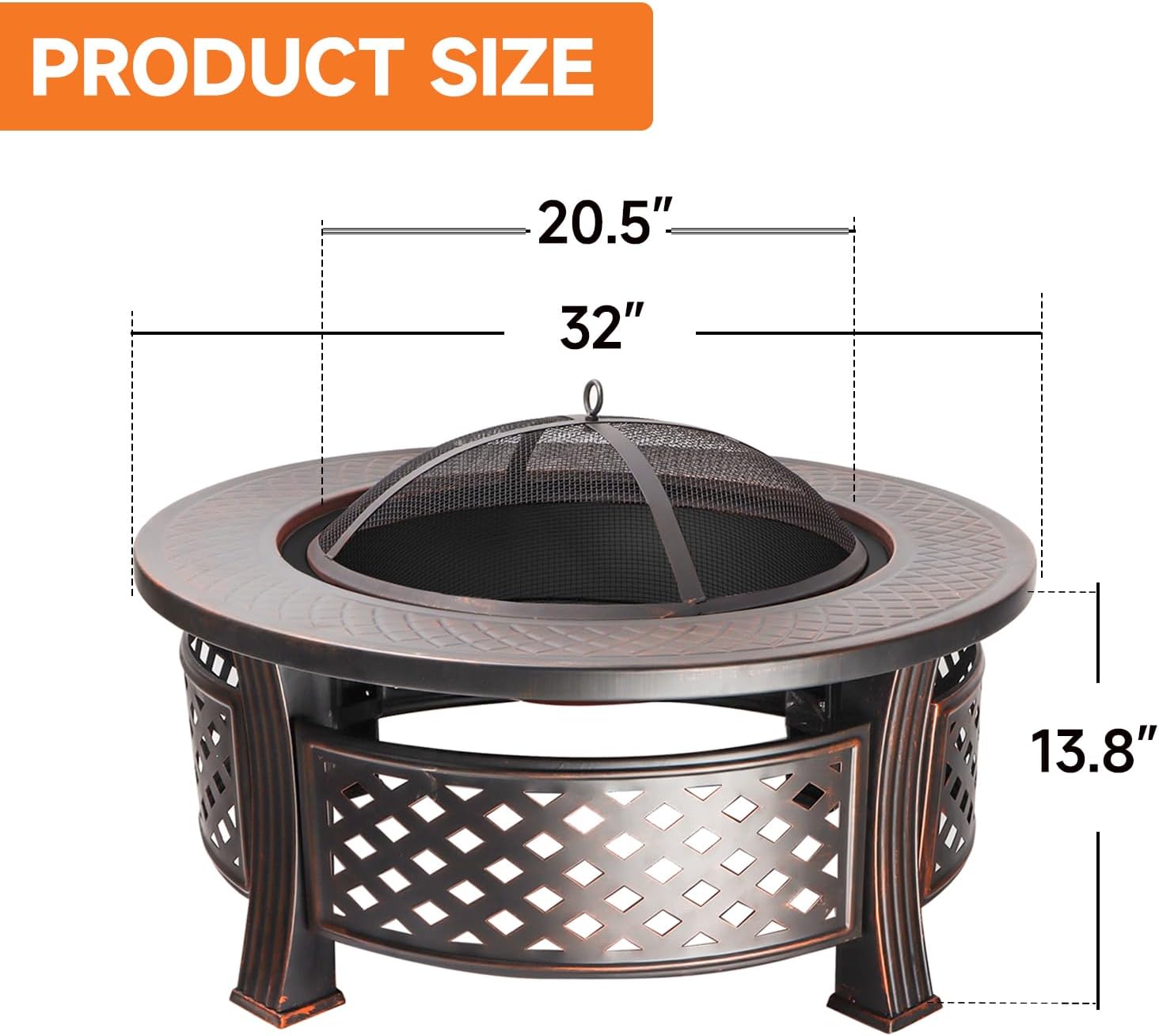 32-Inch Round Fire Pit Table, Metal Wood Burning Fireplace/Firepit with Fire Grate, Spark Screen Lid, Steel Bowl, Poker