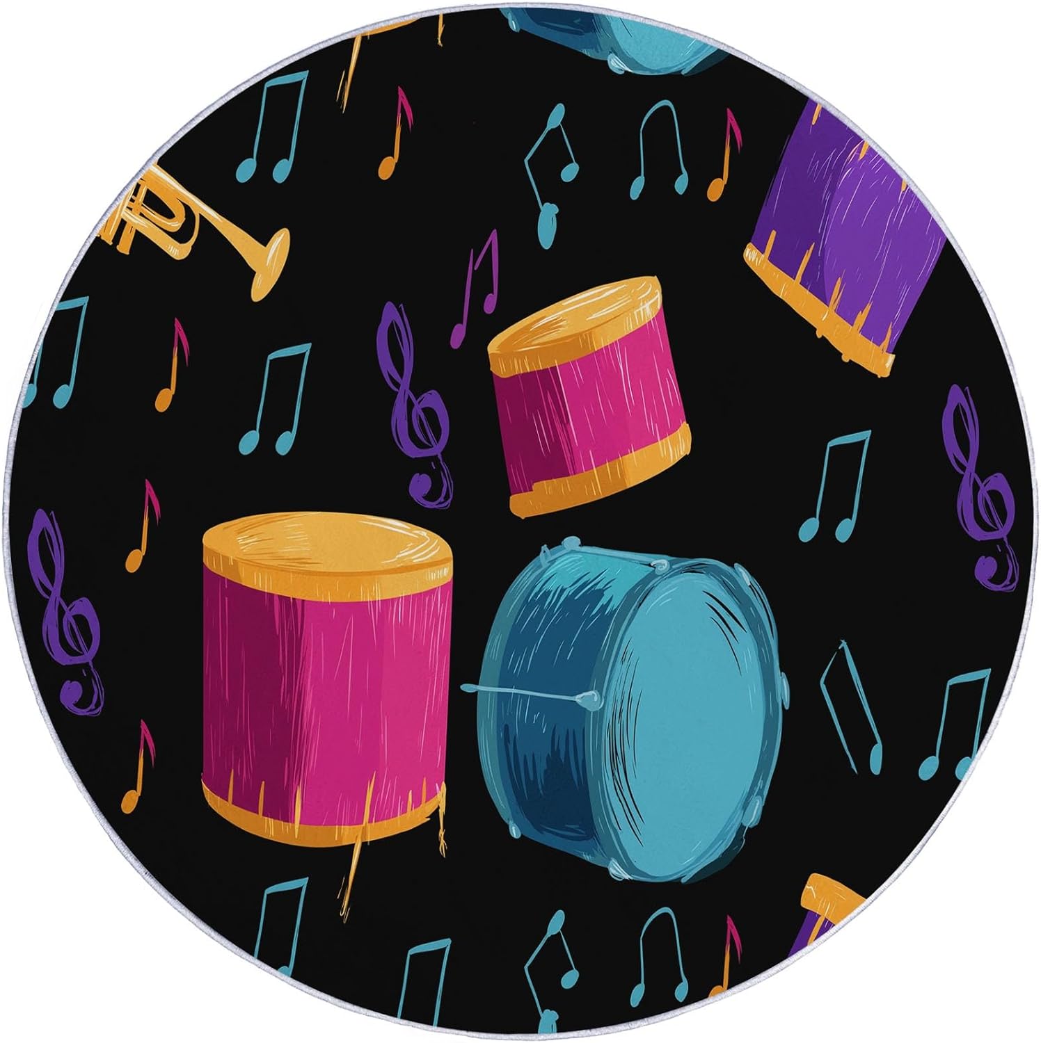 Round Printed Rug 5 ft Washable Circle Rug, Cartoon Musical Notes Drums Machine Washable Area Rugs, Black Non-Slip Low Pile Carpets for Kids Room Dining Room Entrance Bedside Mats Floor Decor