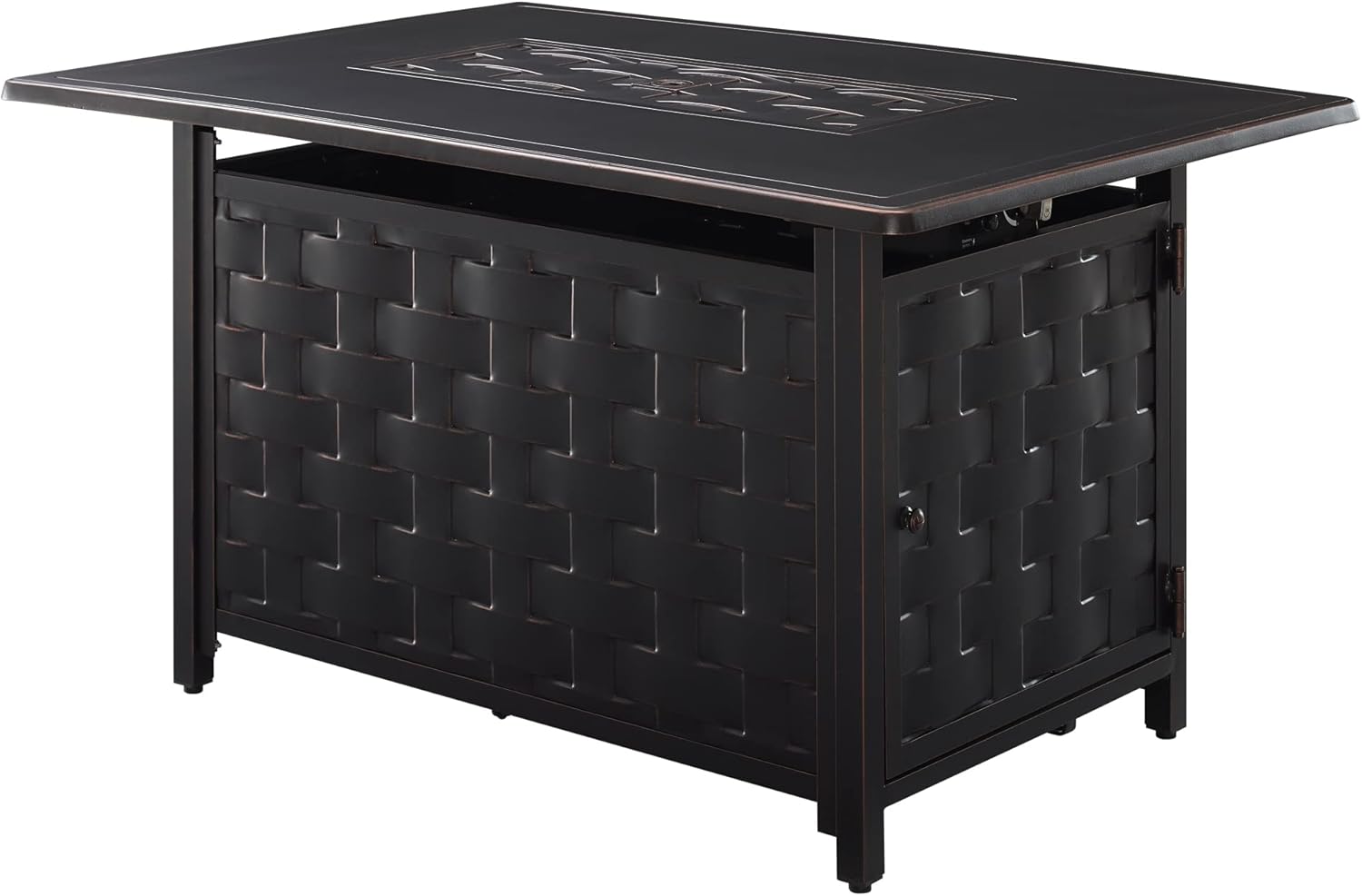 Fire Sense 63700 Preston Basketweave Aluminum Convertible Gas Fire Pit Table 45,000 BTU Multifunctional Outdoor Firepit with Fire Bowl Lid Nylon Cover Clear Fire Glass Bronze Finish - Rectangular 44