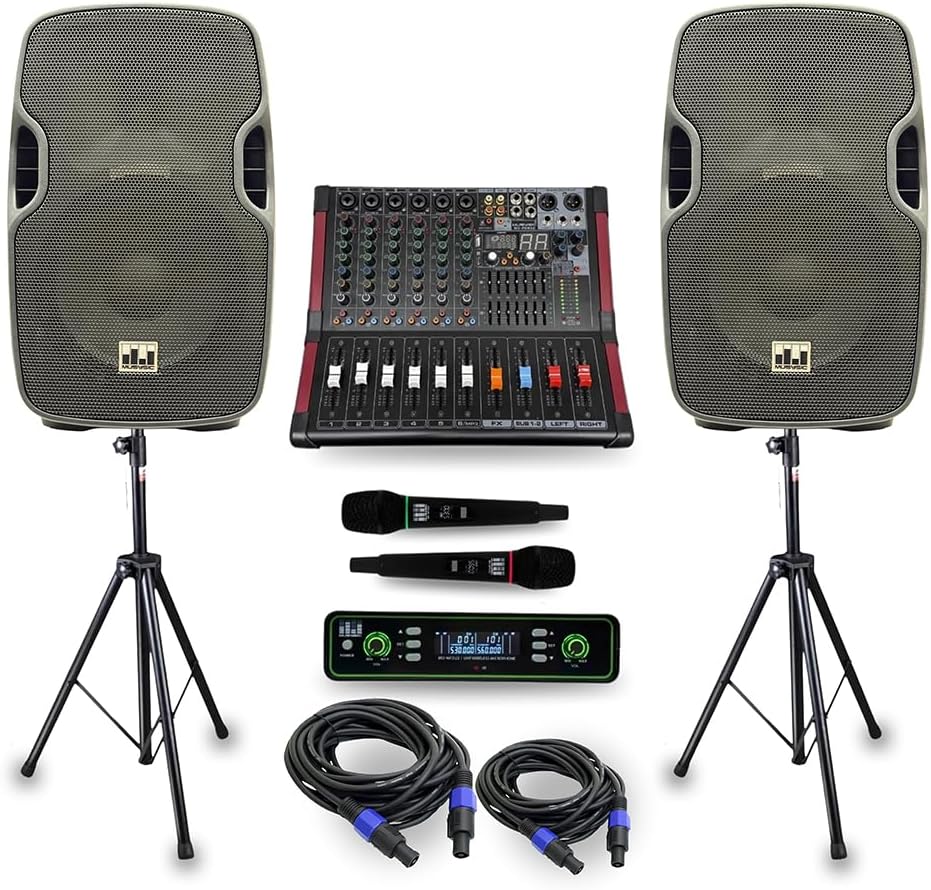MUSYSIC Portable PA System with 2000W Amp & Wireless UHF Microphone System. 6 Ch Audio Mixer with Multiple Inputs. pa system with wireless microphone and speakers, Complete w/Stands - 10