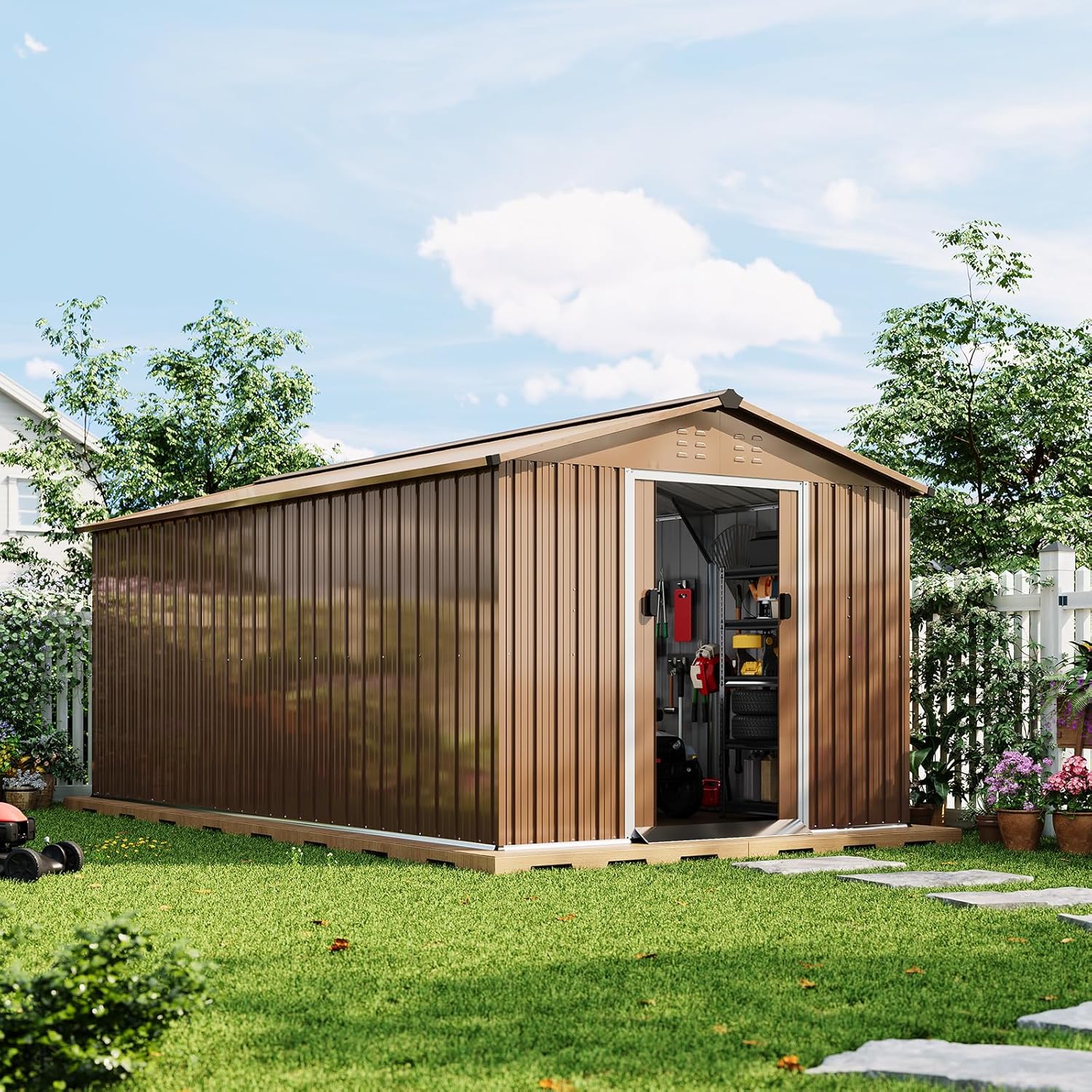 Garvee 8x15 Ft Outdoor Storage Shed, Galvanized Steel Tool Metal Sheds & Outdoor Storage with Sloping Roof, Lockable Doors & Vents for Garden, Backyard, Patio, Lawn, Brown