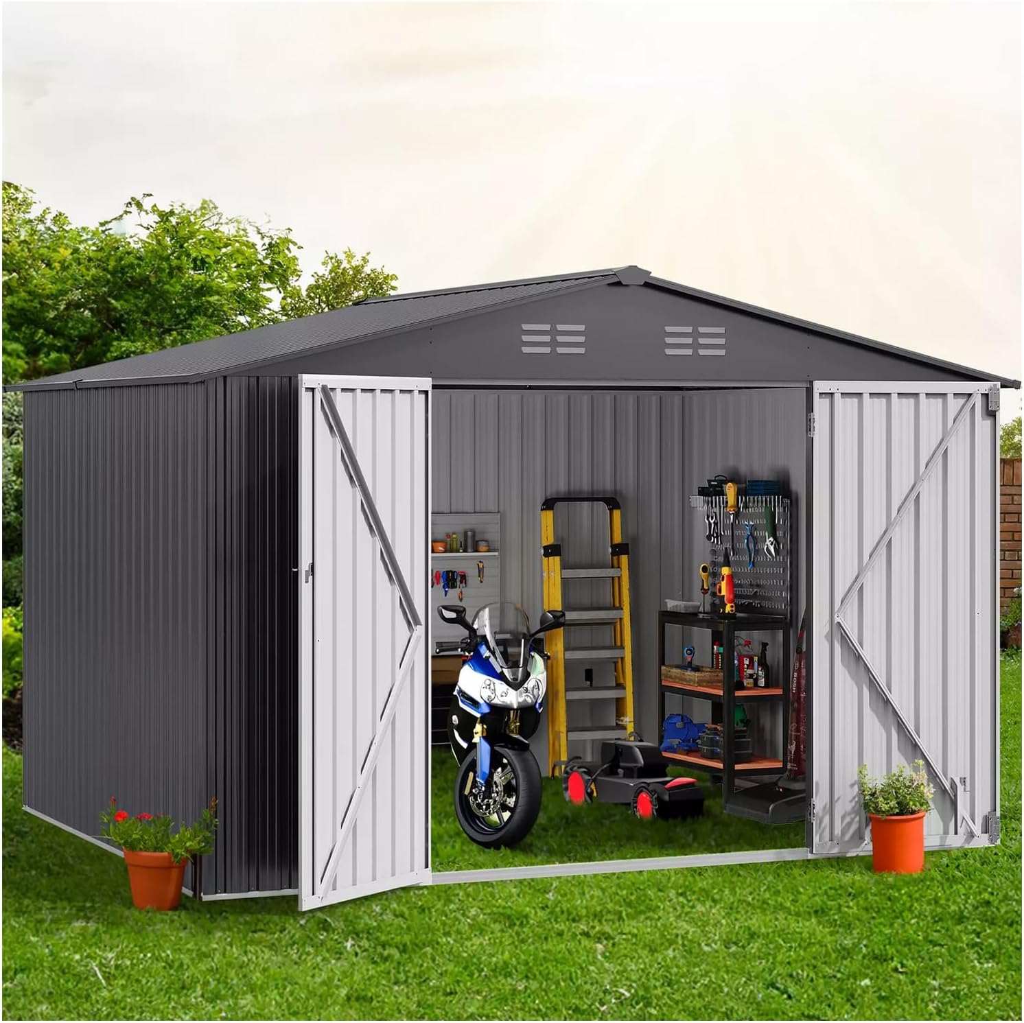 New 10x8 FT Black and Silver Patio Heavy Duty Tool Sheds House Large Metal Outdoor Storage Shed Garden Hinged Doors Lockable Waterproof All Weather Rust Protect Two Tone 113.8