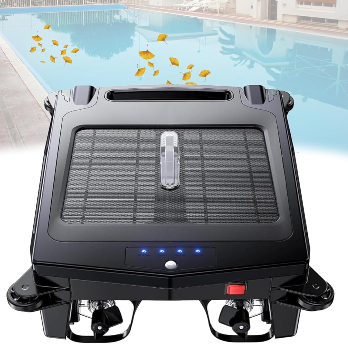 Solar/Electric Robotic Pool Skimmer Cleaner, Automatic Pool Cleaner Robot with Obstacle Avoidance, Daytime ＆ Overnight Continuous Cleaning, 2 Speed Modes