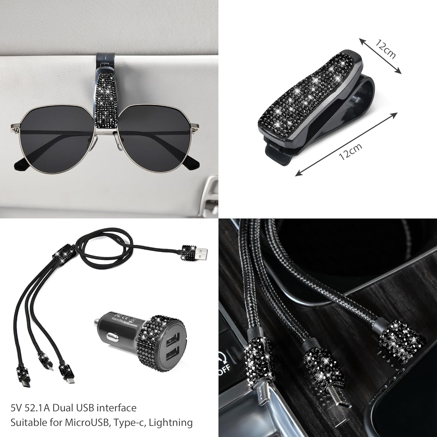 CAR PASS 34 PCS Bling Diamond Car Accessories Set for Women, Leather Car Seat Covers Steering Wheel Covers 15'', USB Charger Phone Holder Shining Rhinestone Sparkly, Cute Interior Decorations, Black