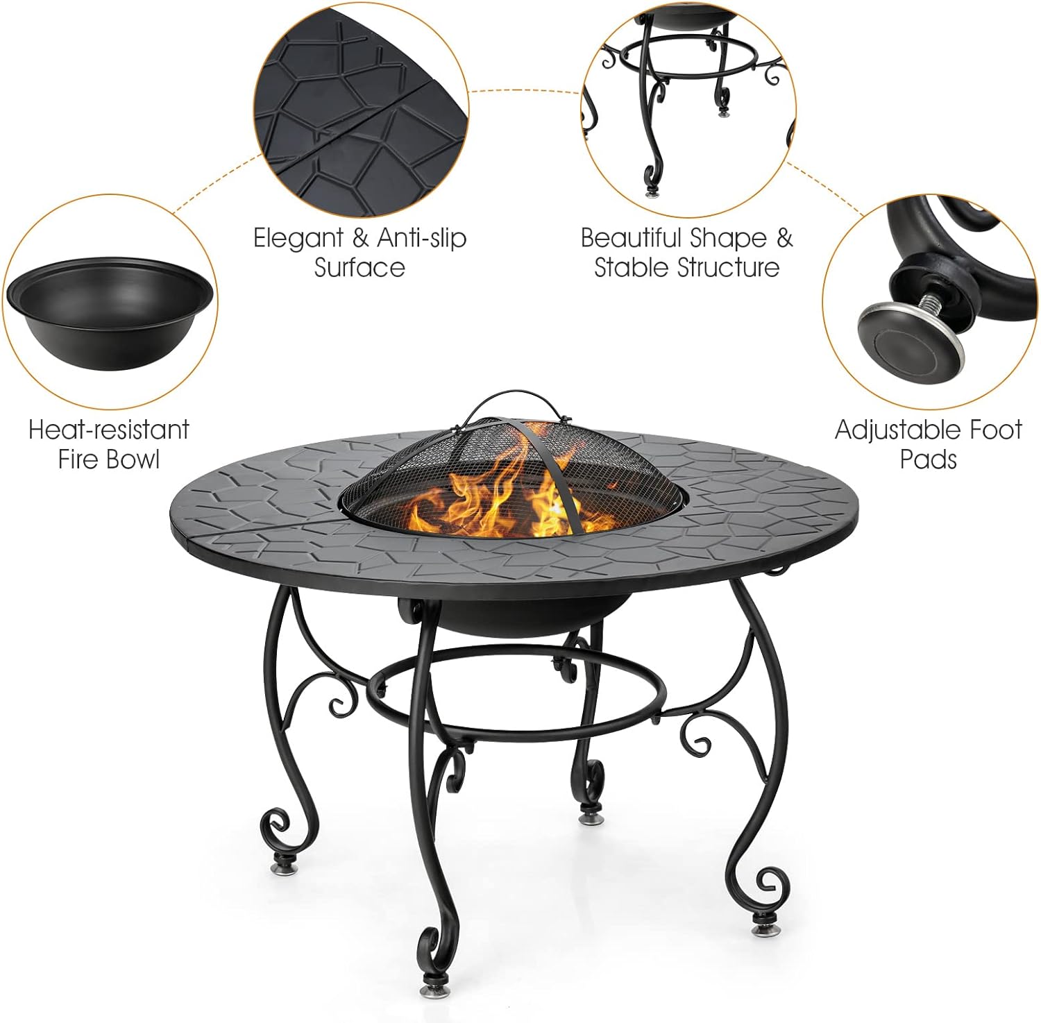 Tangkula Outdoor Fire Pit Table, 4 in 1 36 Inch Round BBQ Garden Fire Bowl with Lid, Bonfire Wood Burning Fire Pit for Outside Backyard Deck Patio, Includes Cooking Grate, Log Grate and Fire Poker