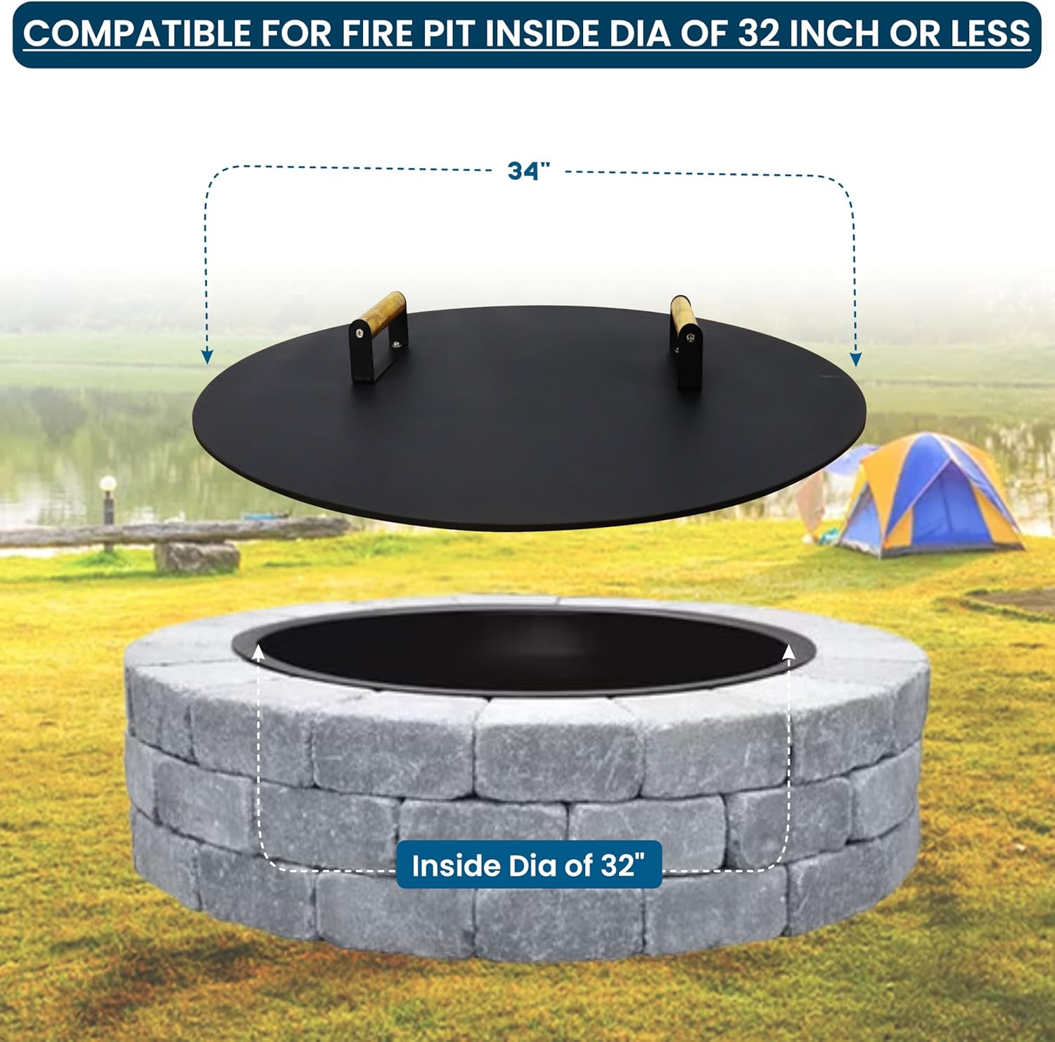 34” Fire Pit Cover Lid Round - Fit for 32” Round Fire Pit Lid for Outdoor Fireplace Cover Lid Steel fire pit metal cover W/ 2 Wooden Handles & Heat Resistant Snuffer Lid for Patio Fire Pit Ring