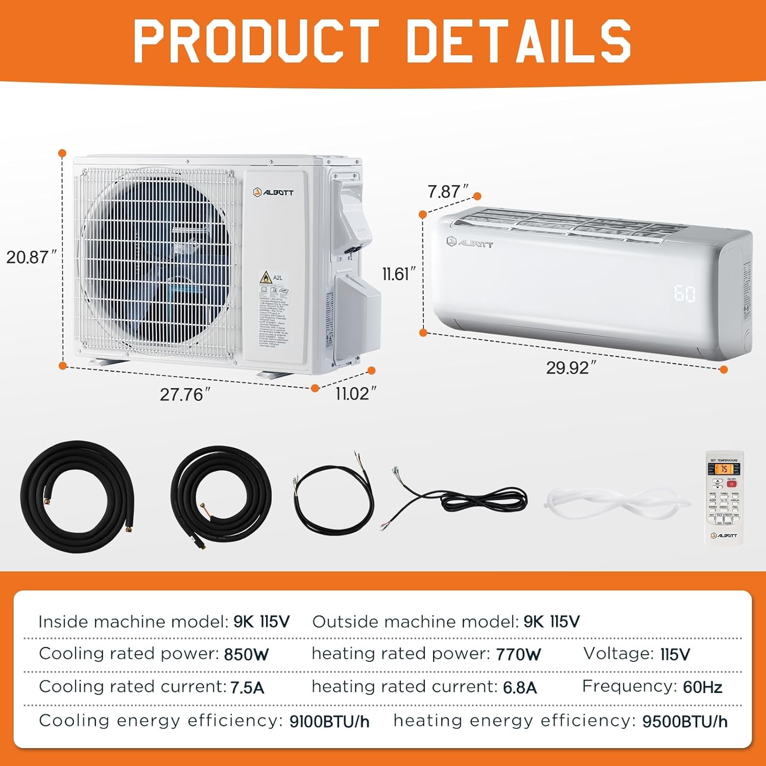 Albott 9100 BTU Mini Split Air Conditioner and Heater, SEER2 20.5, 115V, Inverter Heat Pump AC with Wi-Fi Smart Control, Remote, Alexa Voice Assistant, Self-Cleaning, Cools up to 450 Sq. Ft.