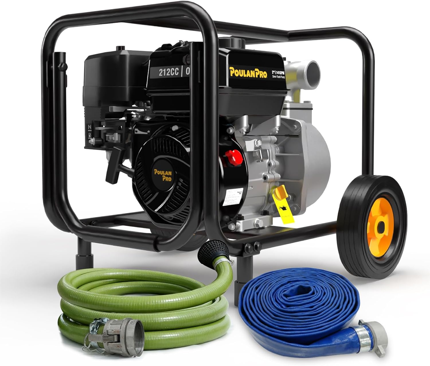 Poulan Pro Semi Trash Pump 2-Inch with Hose Kit, 50ft Discharge Hose, 12ft Suction Hose, 100ft Lift, 23ft Suction Gas Powered Water Pump with Wheels & Handle for Pond, Sewage, and Pool