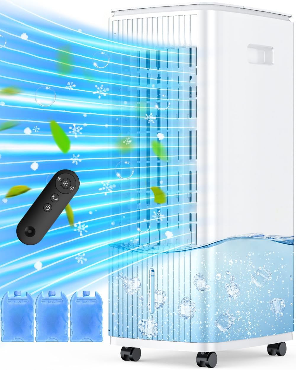 3-IN-1 Windowless Air Conditioner w/Double Tanks, Smart Timer, 3 Ice Packs, 60W Evaporative Air Cooler, 70° Oscillation, 3-Speed 25-INCH Swamp Cooler Air Conditioner Portable for Room