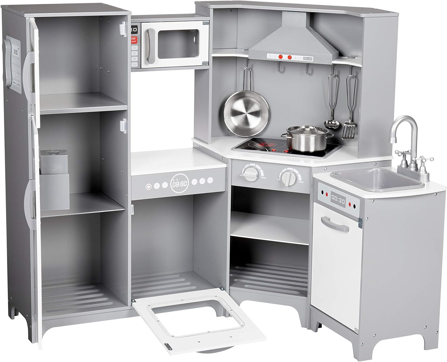 Amazon Basics Kids Corner Wooden Kitchen Toy Playset with Stove, Oven, Sink, Fridge and Accessories, for Toddlers, Preschoolers, Children Age 3+ Years, White & Gray, 39.37