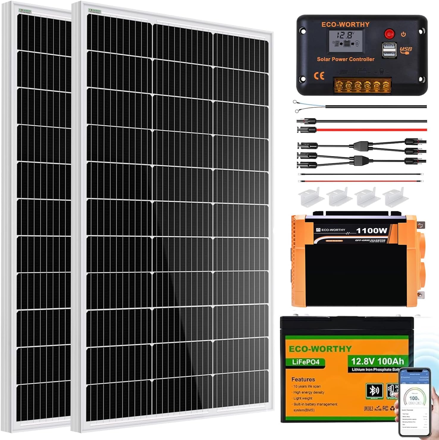 ECO-WORTHY 200 Watt 12V Complete Solar Panel Starter Kit for RV Off Grid with Battery and Inverter: 2pcs 100W Solar Panel + 30A Charge Controller + 100Ah Lithium Battery + 1100W Premium Solar Inverter