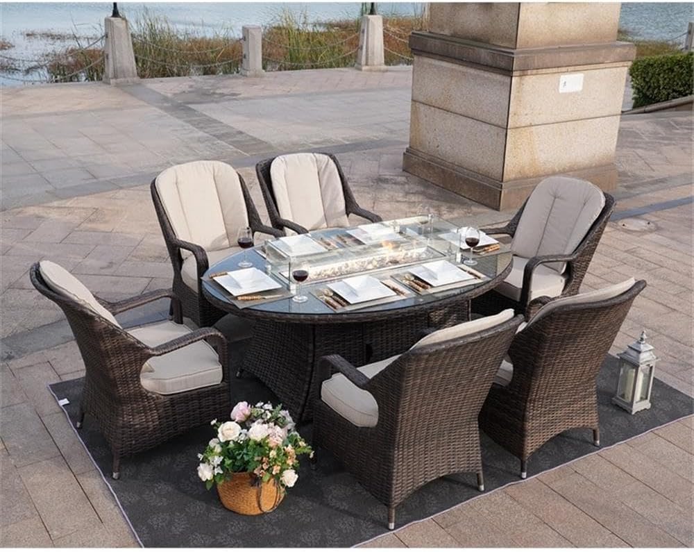 Brown Rattan Outdoor Gas Fire Pit Table Patio Dining Table with Wind Guard