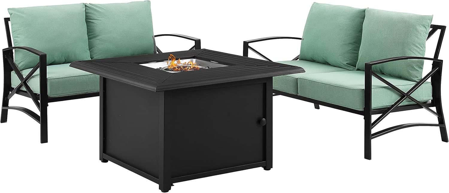 Crosley Furniture Kaplan 3-Piece Outdoor Loveseat Patio Furniture Set with Propane Gas Fire Pit Table, Oiled Bronze with Mist Cushions