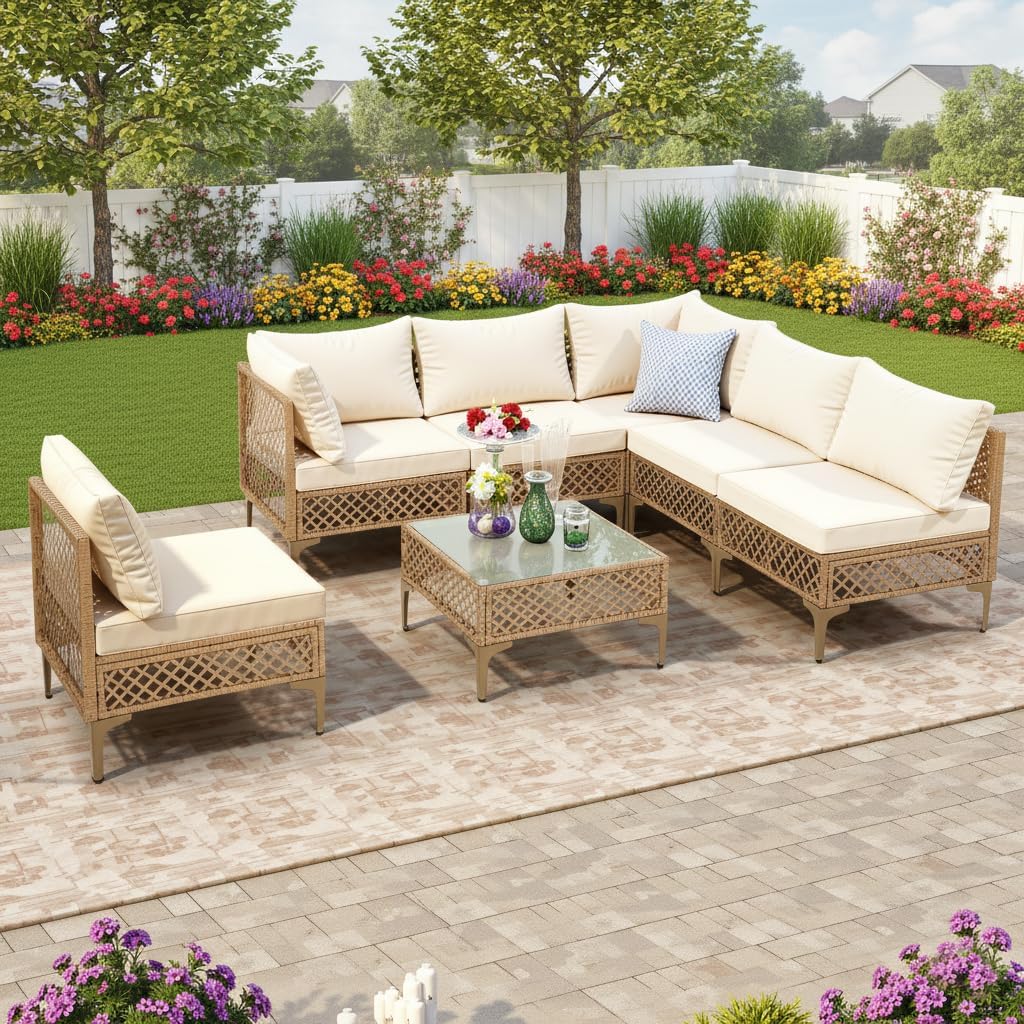 FHFO 7 Piece Patio Furniture Set, Outdoor Wicker Modular Sectional Patio Conversation Set with Thicker Cushion & Tempered Glass Coffee Table for Backyard, Poolside, Porch (Yellow/Beige)