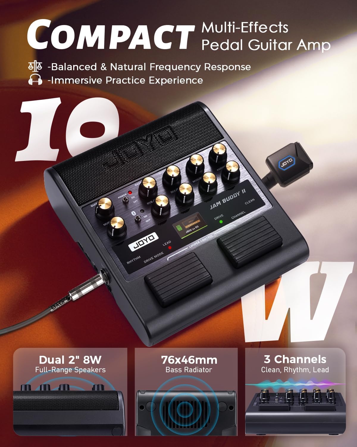 JOYO 10W Portable Electric Guitar Amp Multi-Effects Pedal Combo Amplifier with Footswitch,14 Amp Models,3-Band EQ,36 Drum Patterns & Looper,OTG Recording,Bluetooth for Practice(JAM Buddy II, Black)