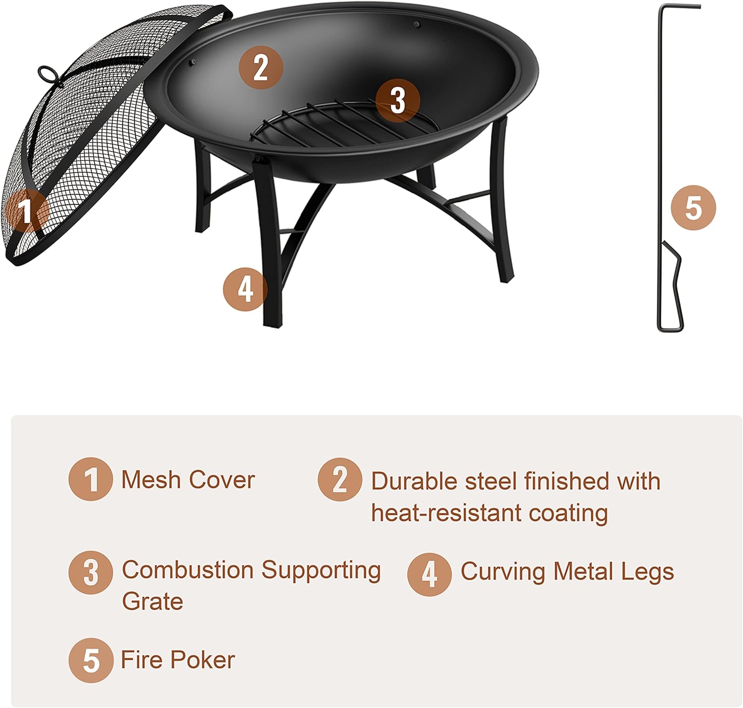 Fire Beauty Fire Pit for Outside Wood Burning,BBQ Grill Steel Fire Bowl with Spark Screen Cover,Log Grate,Poker for Camping Beach Bonfire Picnic Backyard Garden