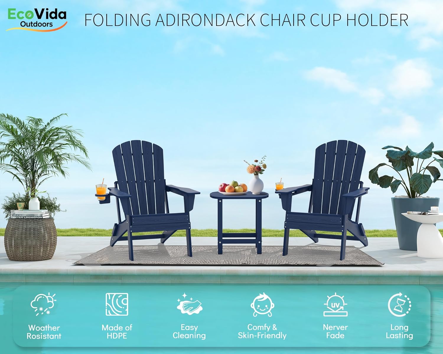 Upgraded Folding Adirondack Chair with All-Weather Cup Holder-EcoVida, Premium Wood Grain Texture, HDPE Waterproof, Suitable for Fire Pit, Patio, Porch, Navy