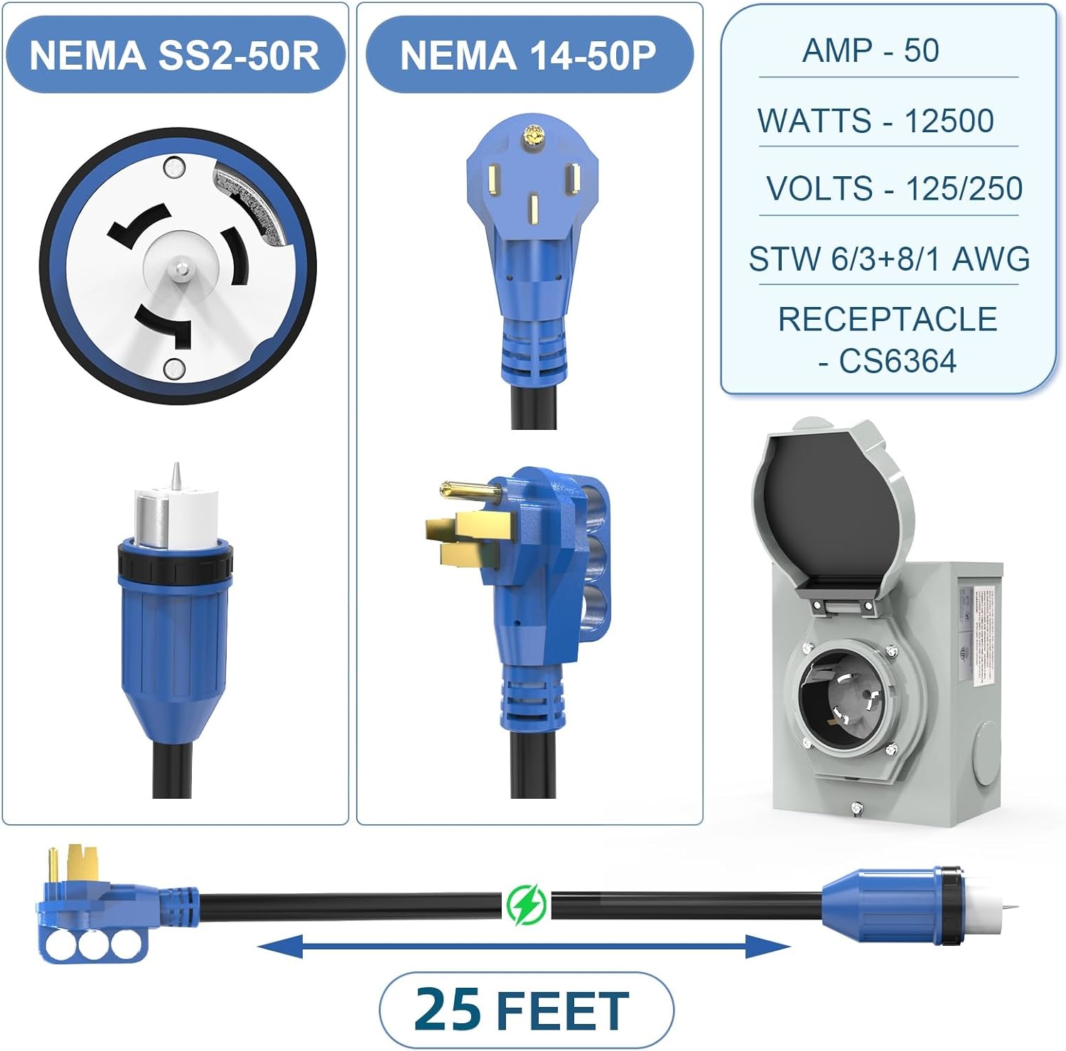 50 Amp Generator Cord and Power Inlet Box, 25FT 4 Prone RV Extension Cord, 125/250V NEMA 14-50P Male to SS2-50R Twist Locking Connector, STW 6/3+8/1 AWG, Transfer Switch for Home Generator