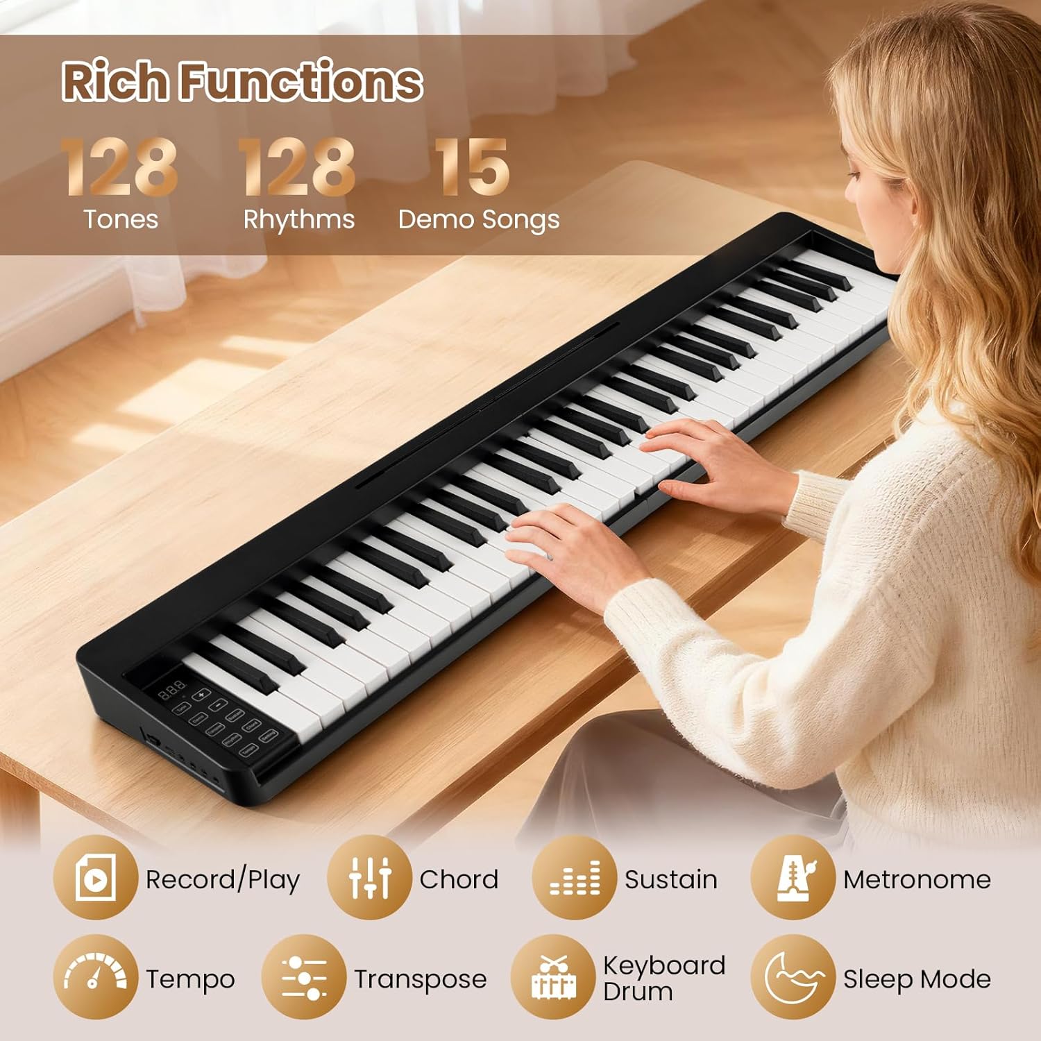 HONEY JOY 61 Key Keyboard Piano, Folding Digital Music Keyboard w/MIDI, Sustain Pedal, 128 Tones, 128 Rhythms, Microphone, Carrying Case, Music Stand, Portable Electric Piano for Beginners, Black