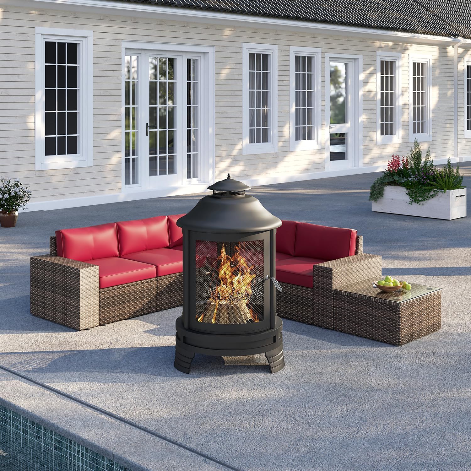 oneinmil 7-Piece Outdoor Furniture Set, with Large Fire Pit Chiminea, 2 in 1 Fire Pit for Outdoor, Wicker Rattan Sectional Conversation Set, and Coffee Table