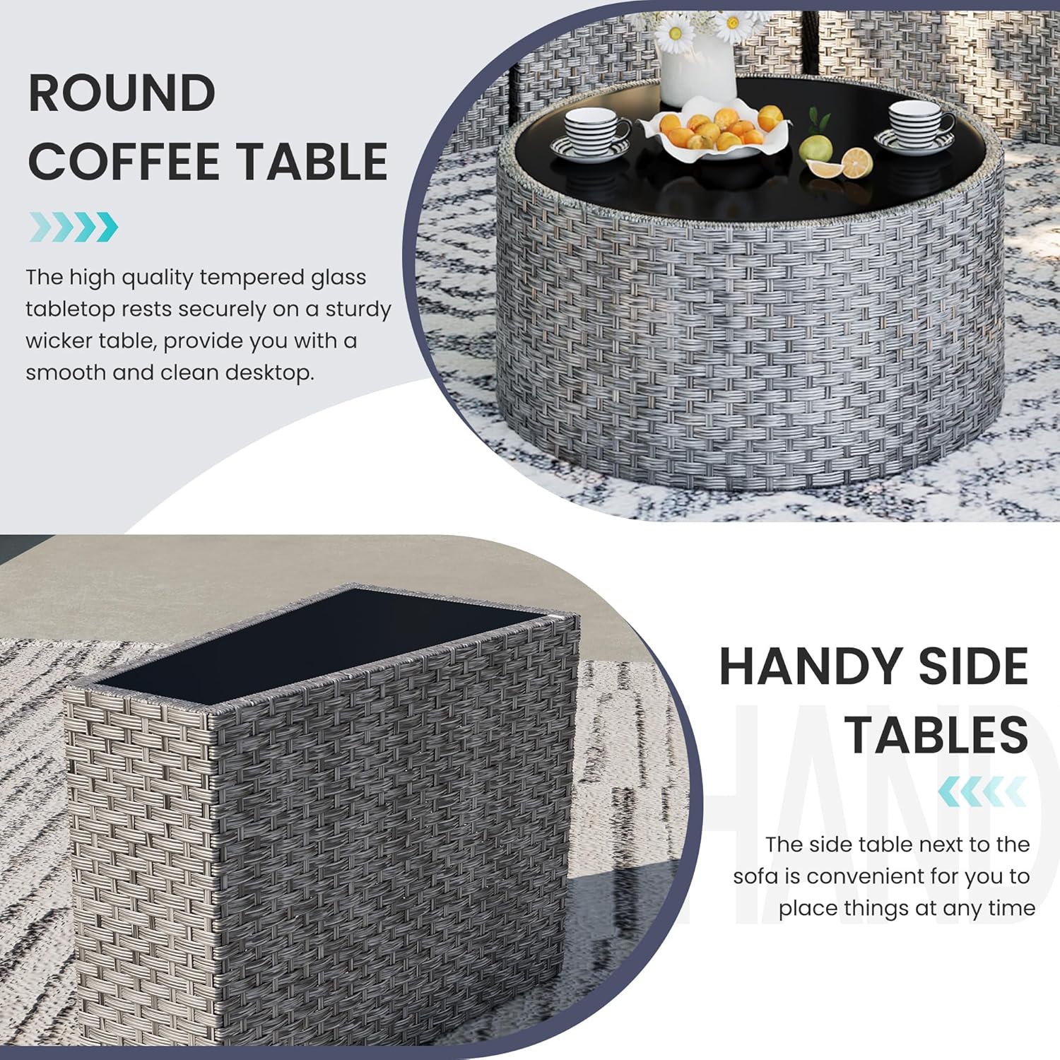 UDPATIO Patio Furniture Set with Fire Pit Table,Fully Assembled Outdoor Sectional Sofa,Half-Moon Curved Modular 11 Pieces Heavy Duty Wicker Furniture Set with Coffee Table,Cover for Porch,Grey