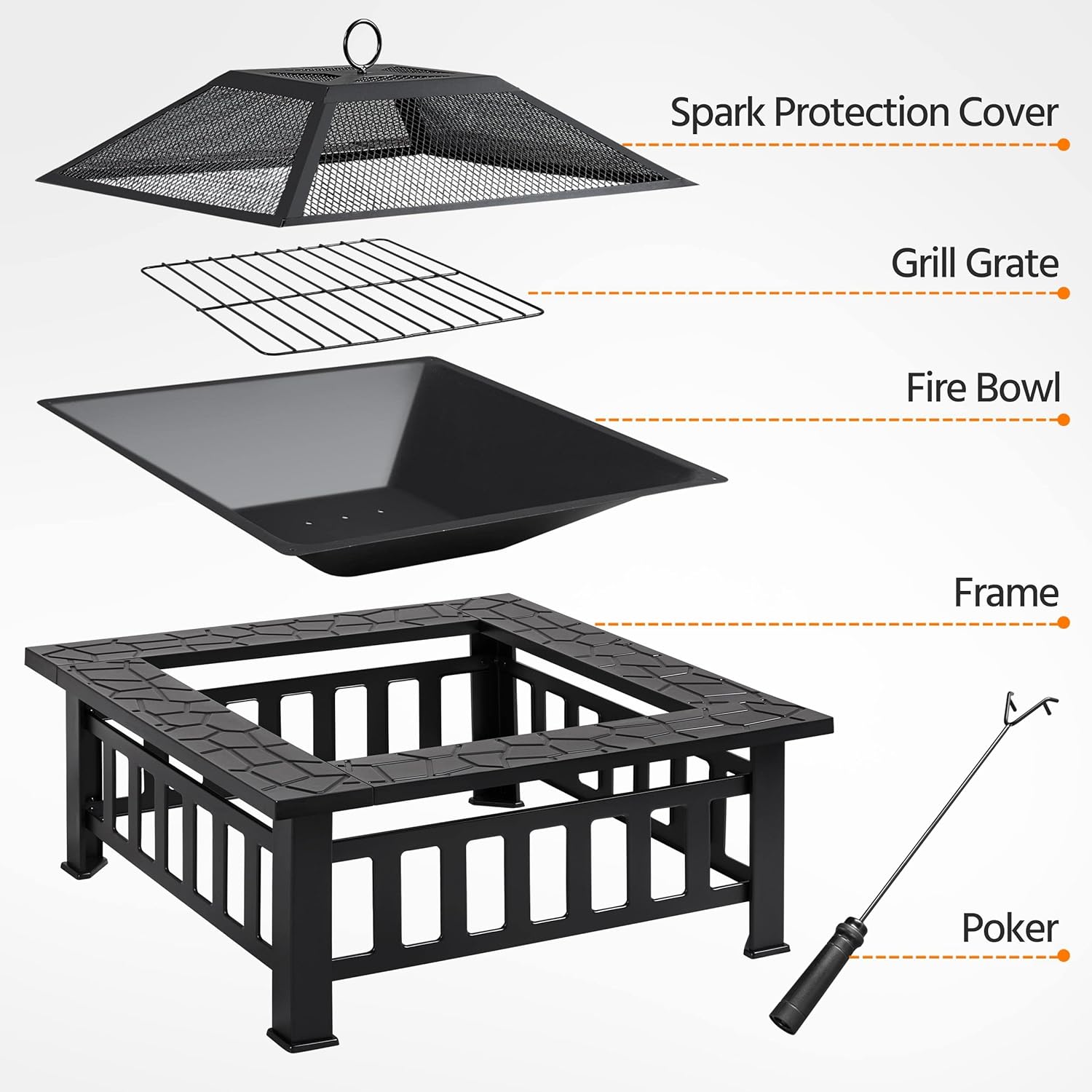 Topeakmart Outdoor Fire Pit Wood Burning 32in Multifunctional Firepits Table Patio Stove with Waterproof Cover, Spark Screen, Poker, Large Square Fire Pits for Outside Garden Camping
