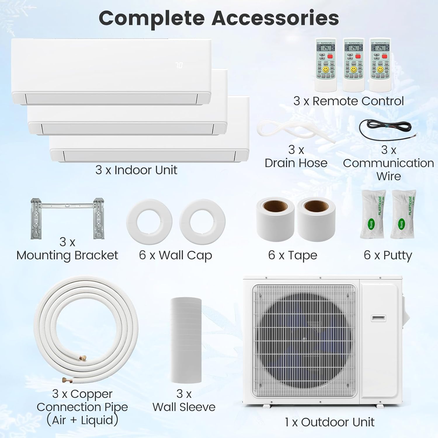 SIMOE 36,000 BTU Tri 3 Zone 9k+9k+9k BTU, Mini Split Air Conditioner, 23 SEER2, Installation Kit, Multi Zones Mini Split AC Heat Pump Full Set, 208-230V, Wifi-Enabled Ductless Energy Star