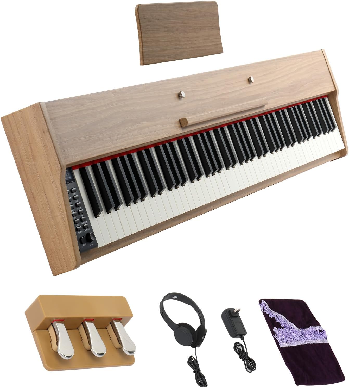 GLARRY Digital Piano Keyboard，Portable 88 keys Semi-Weighted Electric Piano with Three Pedals for Beginner, Bluetooth, Triple Pedals, Power Supply, 2 Speakers (Nature)