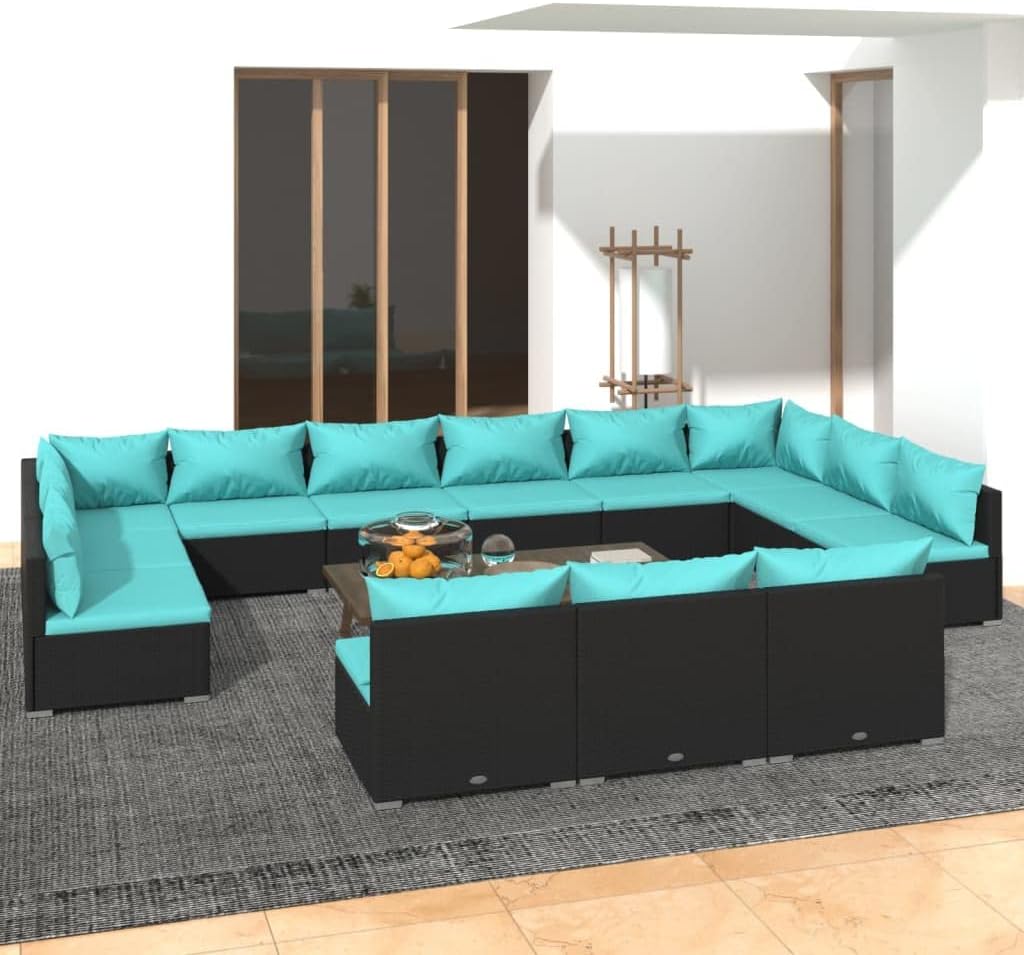 13 Piece Patio Lounge Set with Cushions Black Poly Rattan,Rattan Patio Lounge Set with Cushions for Outdoor Backyard Garden Outdoor Furniture Sets, Patio Furniture
