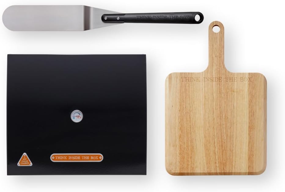 THINK INSIDE THE BOX Professional Pizza Making Set with Wooden Paddle Board, Black Outdoor Pizza Oven, Stainless Steel Spatula