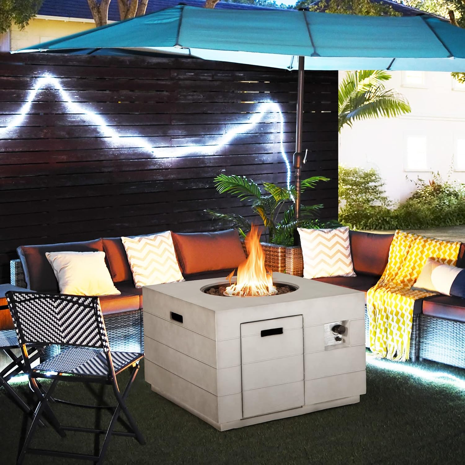 Giantex Outside Fire Pit Table - 50,000 BTU Outdoor Square Propane Fire Table, Gas Fire Tables w/Lid, Lava Rocks, Stainless Steel Burner, Water-Proof Cover, 34