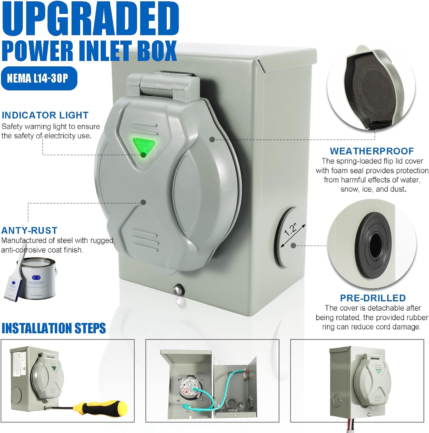 30 Amp Generator Cord and Power Inlet Box, 50FT Generator Cords 30 Amp,125V/250V Generator Power Cord NEMA L14-30P to L14-30R,Twist Lock Connector
