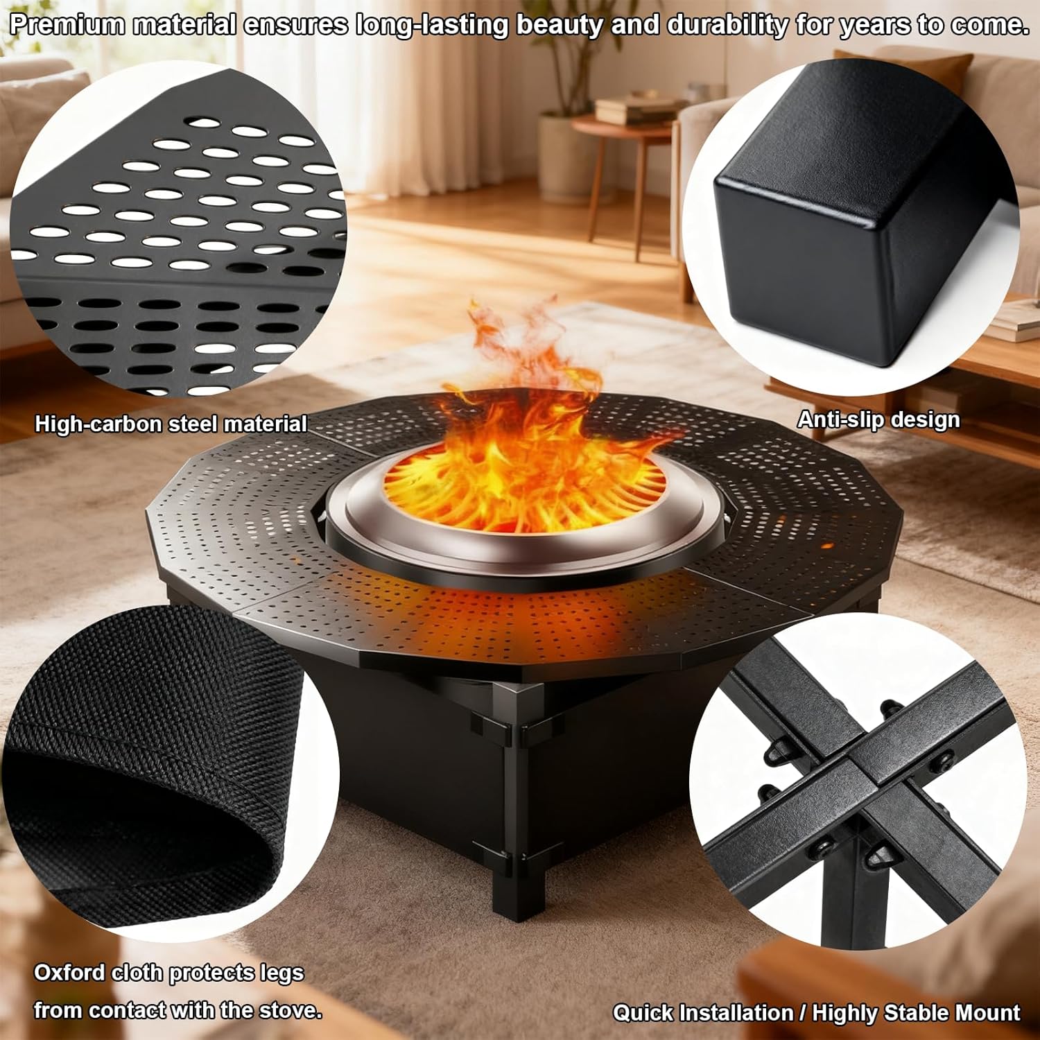 47.8-Inch Adjustable Fire Pit Surround Tabletop for Solo Stove Yukon/Bonfire, Powder-Coated Steel Top with UV-Resistant Fabric for Indoor & Outdoor Use, 30.2 in Inner, Fits Most Wood Burning Fire Pit