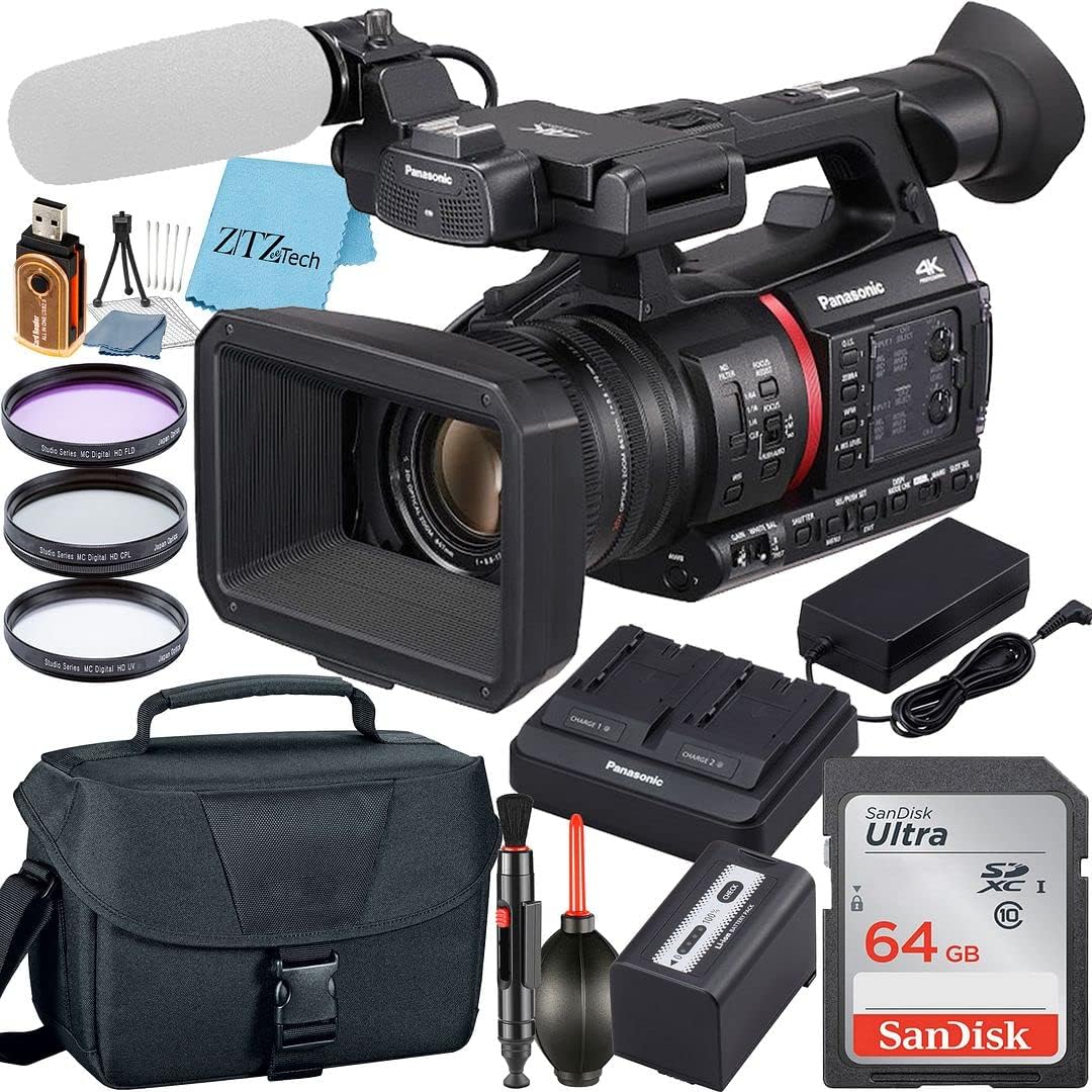 Panasonic AG-CX350 4K Professional Video Camcorder with 64GB SanDisk Memory Card + Case + 3 Pieces Filter (UV, CPL, FLD) + ZeeTech Accessory Bundle