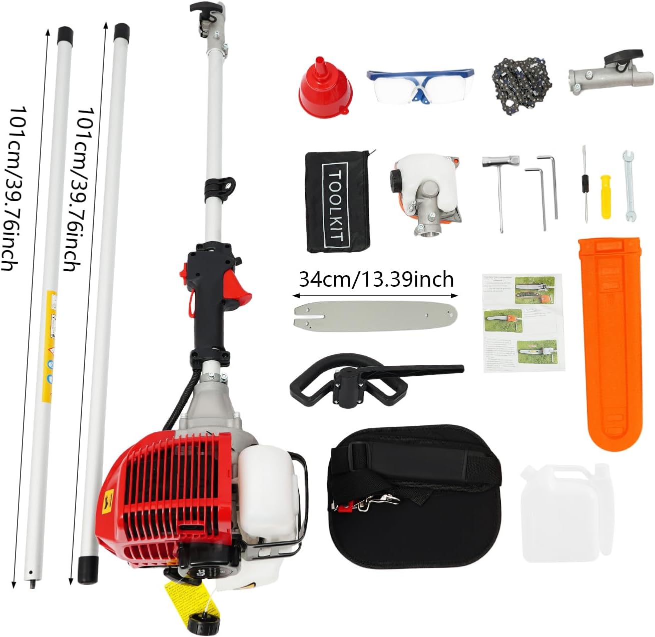 13in Gas Pole Saw, 2-Stroke Tree Trimmer Chainsaw, 1250W Super Handheld 8,500RPM Single-cylinder Gasoline Engine Powered Pruner w/manganese Steel Chain 11.48ft Retractable Operating Bar Nylon Hood