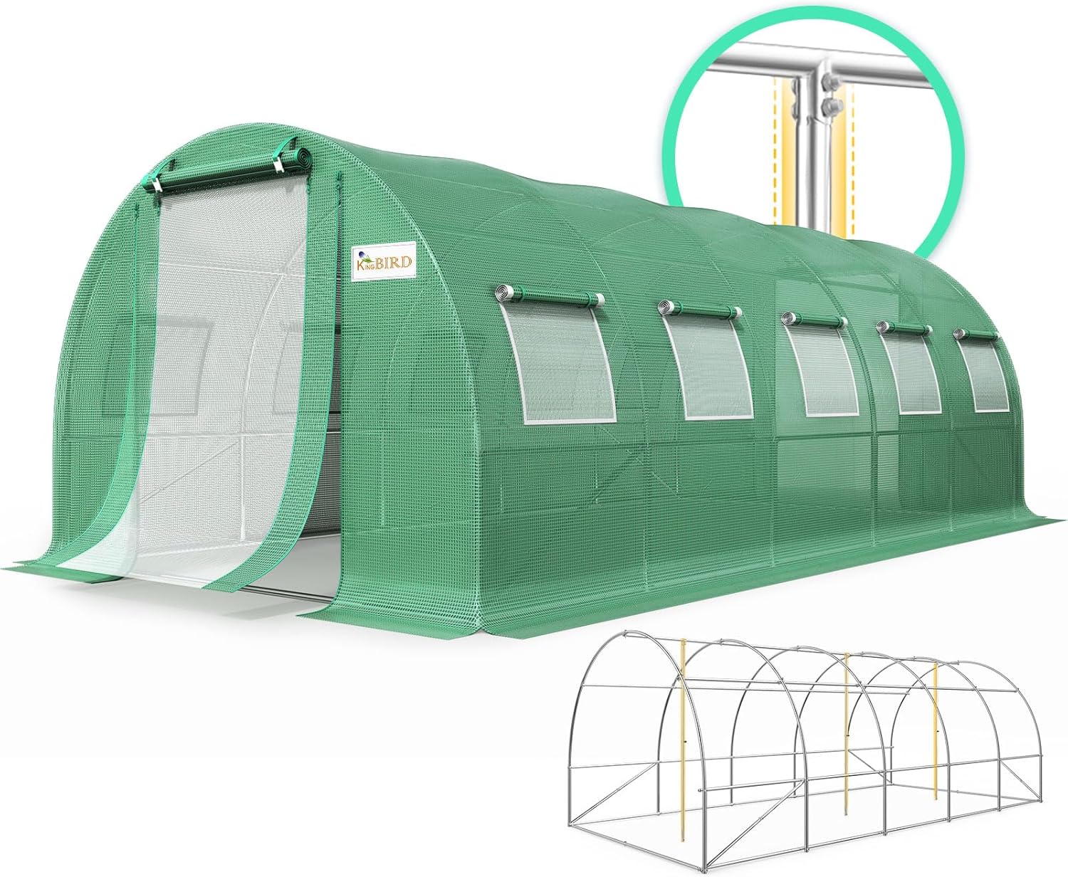 KING BIRD Premium 25x10x6.6FT Large Walk-in Greenhouse for Outdoors, Heavy Duty Galvanized Steel Frame W/ 2 Screen Door Vent, Tunnel Garden Plant Hot House, Advanced Zipper, Green