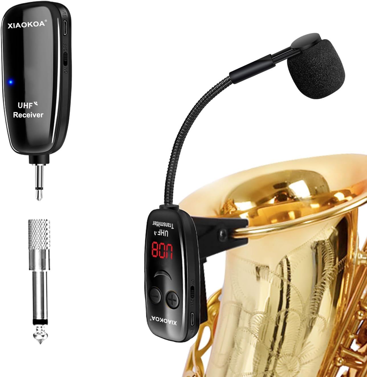Wireless Saxophone Microphone, UHF Microphones for Sax, Charging Clip Mic with Digital Display, for Trumpet Tuba Trombone Cornet FrenchHorn Instrument Practice Teaching Street Bars Stage Performance