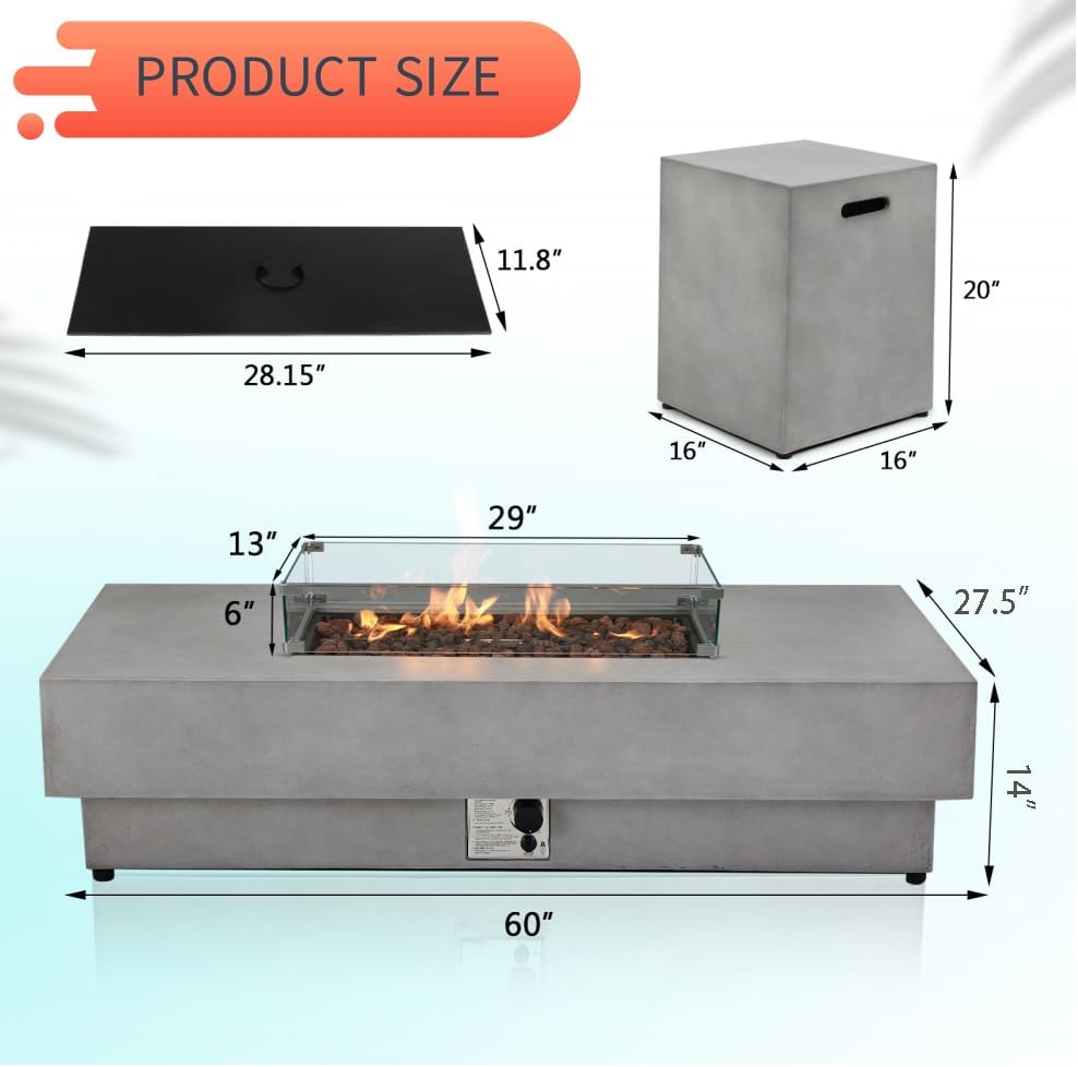 60inch Propane Fire Pit Table Set w Tank Cover Table, Gas FirePit 50,000 BTU Concrete Firepit Rectangular Large Outdoor Fire Pit w Side Table Coffee Table & Fire Pit Glass Wind Guard